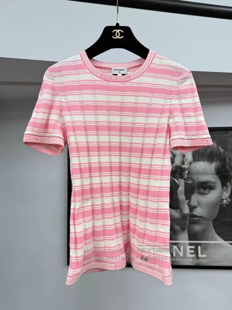Chanel Chanel Pink striped knitted short sleeves Size XS / US 0-2 / IT 36-38 - 1 Thumbnail