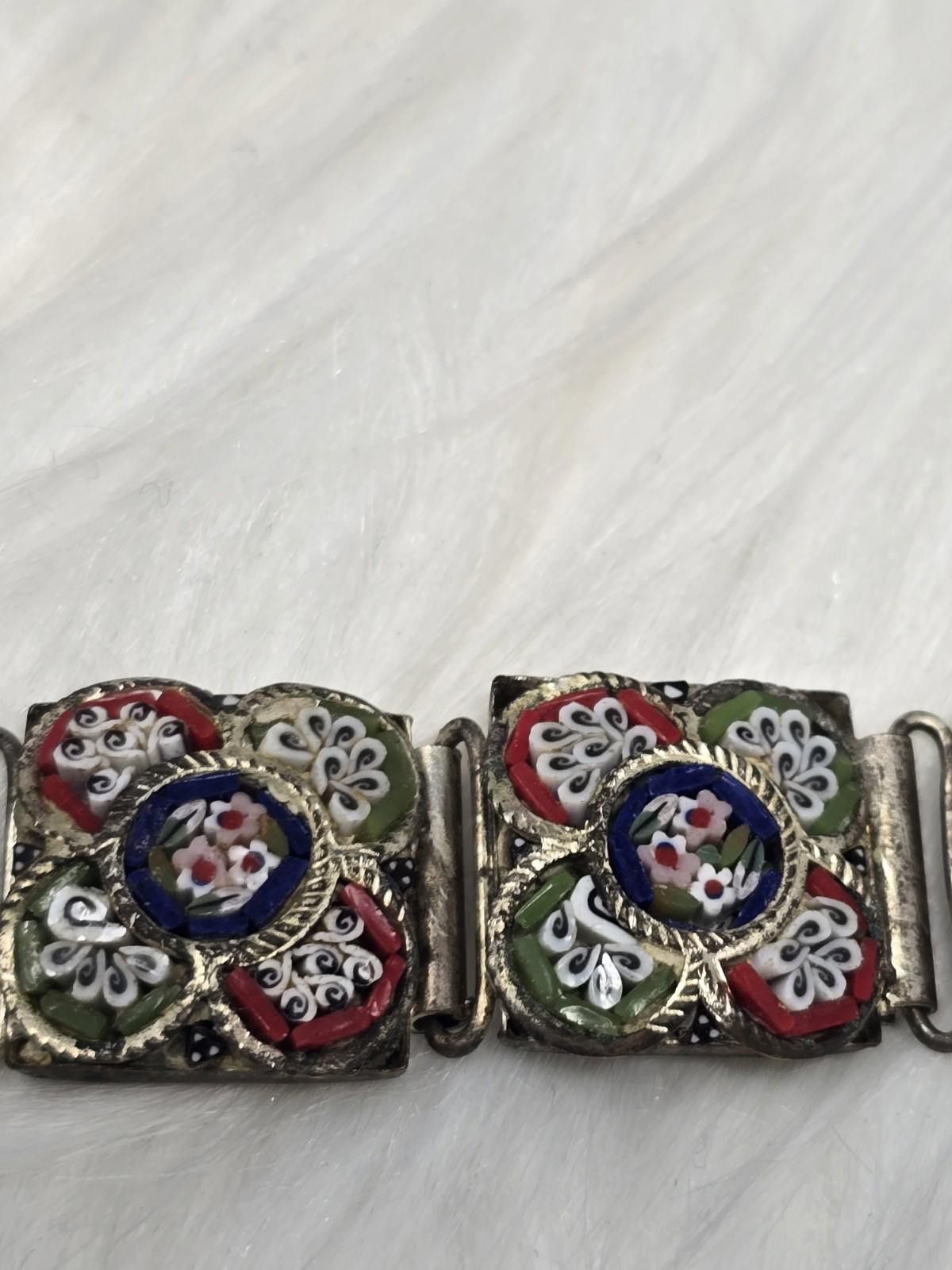 Other Vintage Italian Micro Mosaic Floral Panel Link Bracelet 7.5" Size ONE SIZE - 6 Thumbnail