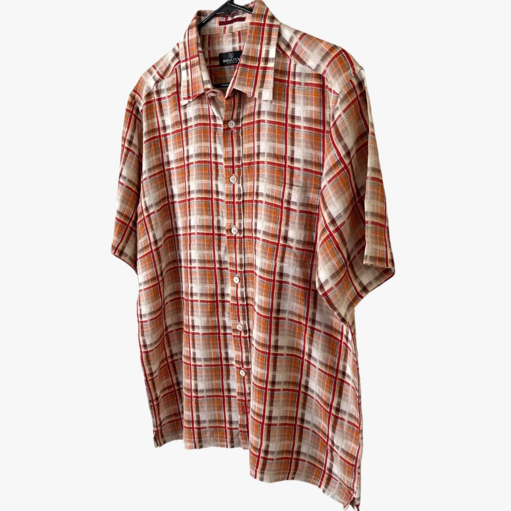 BUGATCHI VINTAGE Bugatchi Plaid Linen Shirt Orange Adult Large Short Sleeve Button-Up Mens Size US L / EU 52-54 / 3 - 2 Thumbnail