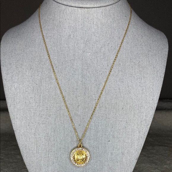 Celine CELINE Logo Goldtone Metal and Rhinestone Pendant Necklace Size ONE SIZE - 1 Thumbnail
