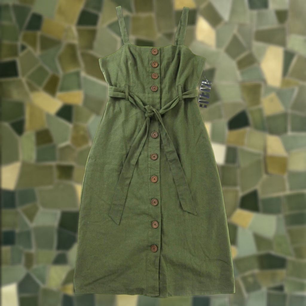 Vintage NWT HYFVE Army Olive Green Linen Cotton Button Down Belted Tank Sun Dress M Size M / US 6-8 / IT 42-44 - 1 Thumbnail