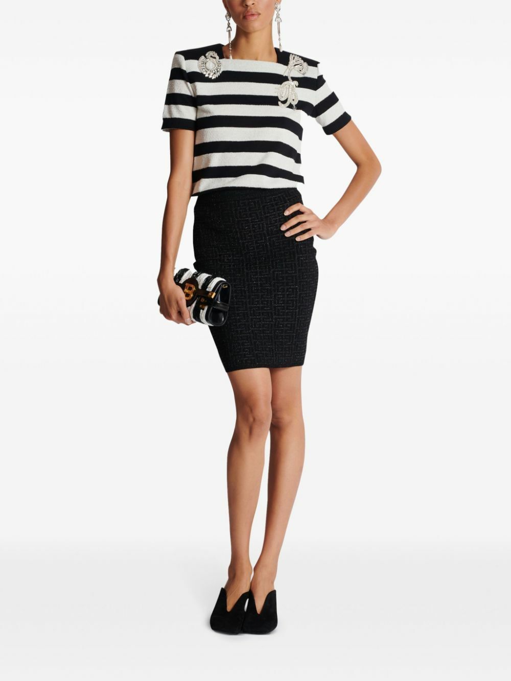 Balmain o1loc1c0526 Monogram Glitter Midi Skirt in Black Size 25" / US 0 / IT 36 - 2 Thumbnail