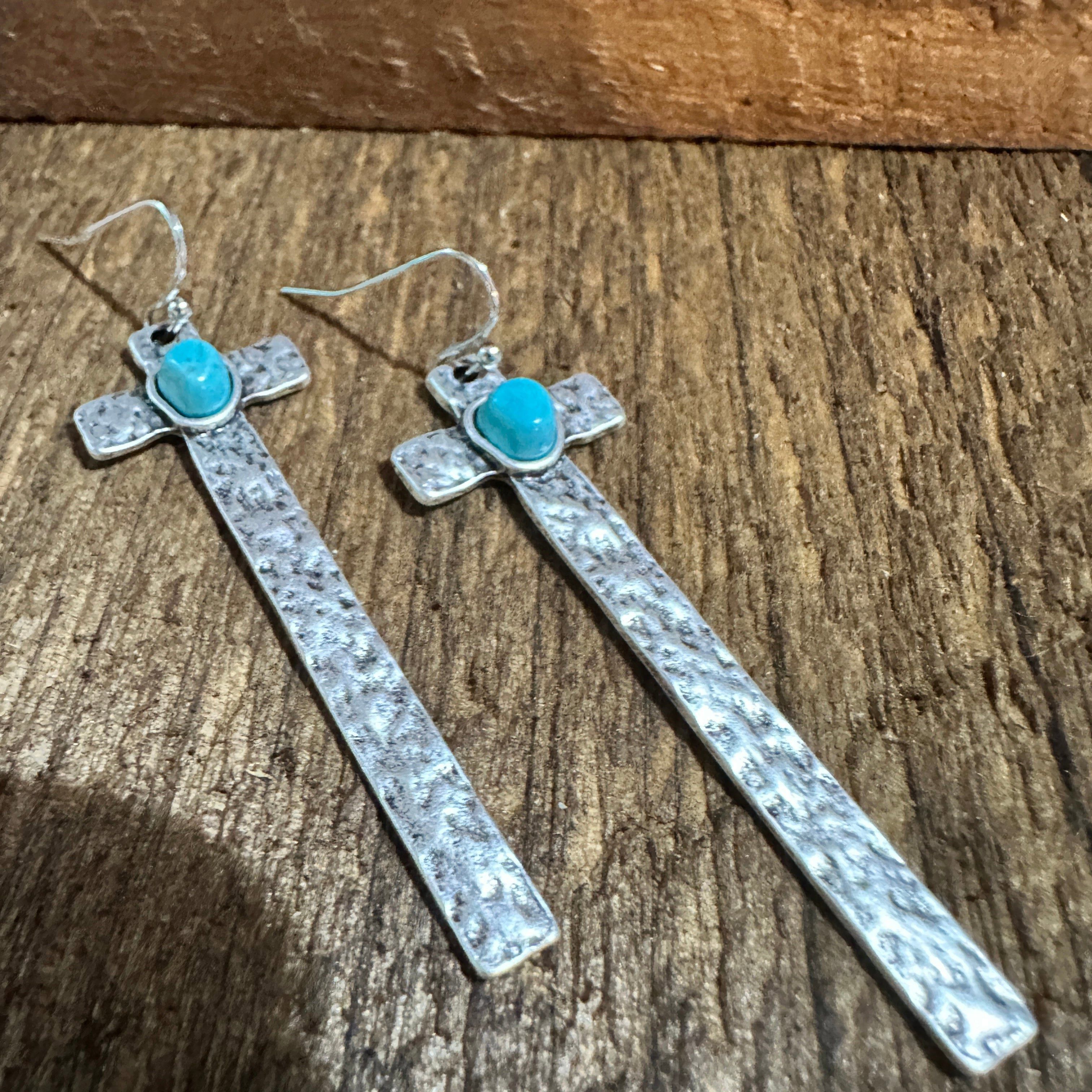 Other Cross Turquoise Earrings with Hammered Design, Southwestern Size ONE SIZE - 1 Thumbnail