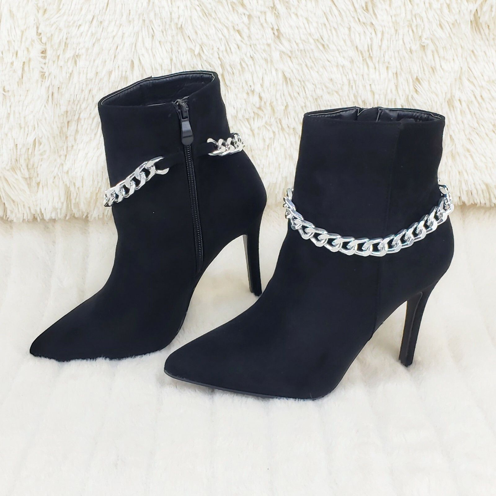 Other Crave Black FX Suede & Chain Sexy Pointy Toe 4" Stiletto Hig Size US 9 / IT 39 - 3 Thumbnail