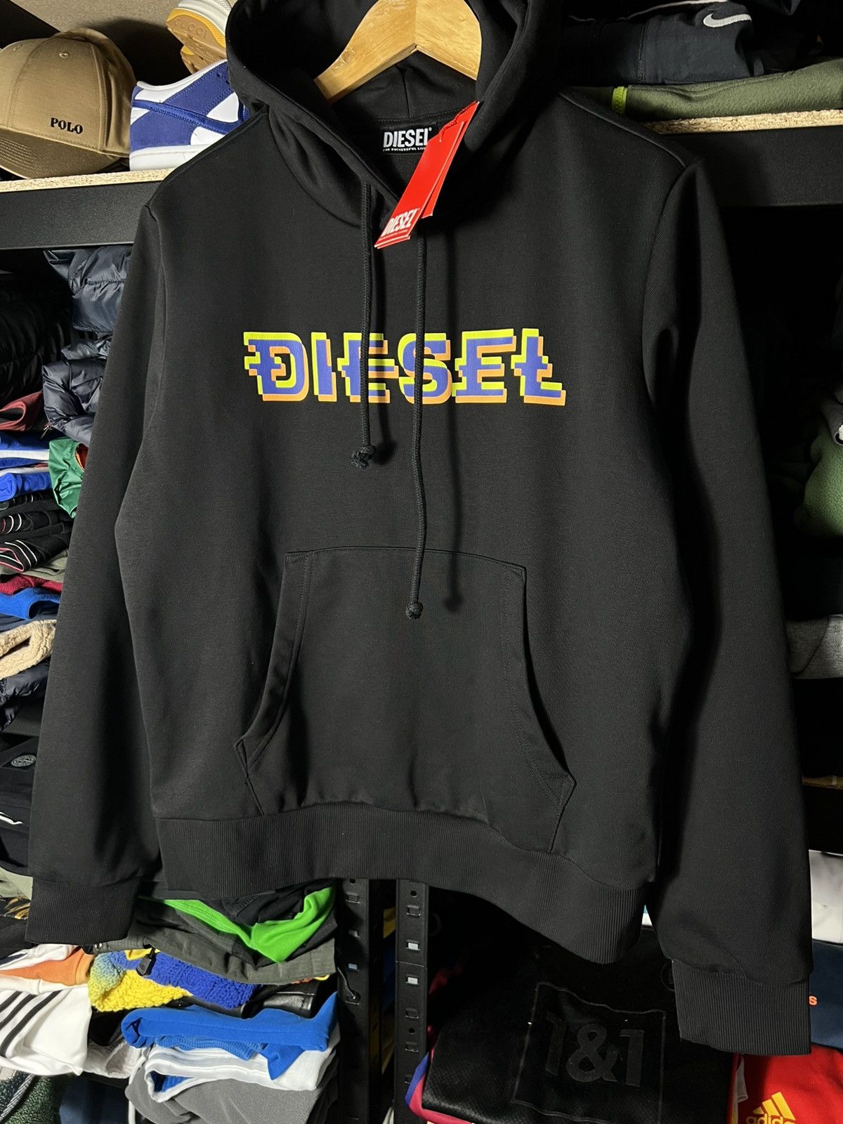 DIESEL Pixel Logo Hoodie – Black with Retro Tech Print 🖤🟨🟪