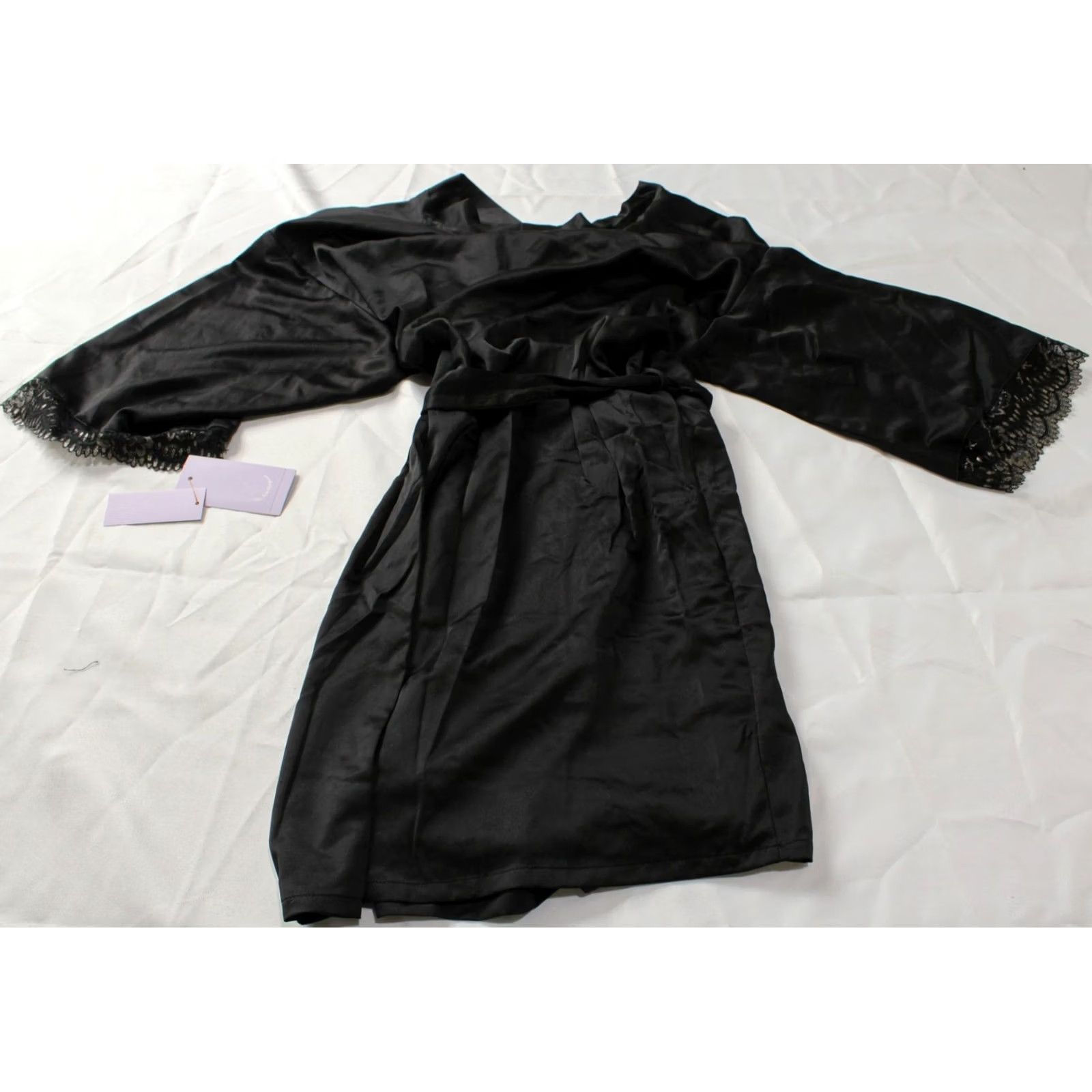Vintage Joyspun Women's Lace Trim Relaxed Self-Tie Belt Robe EH6 Black Soot Small NWT Size ONE SIZE - 3 Thumbnail
