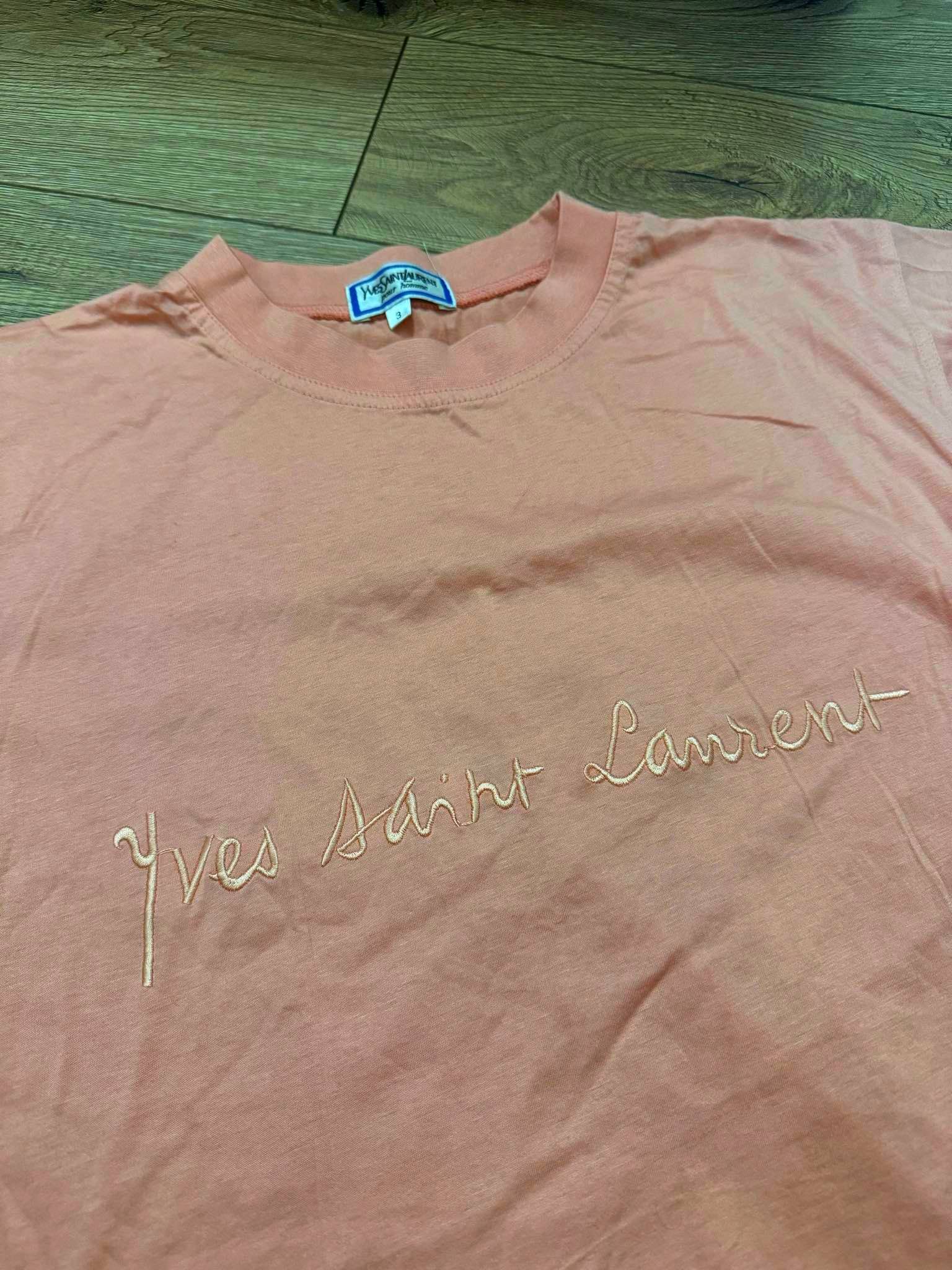 Vintage 80s YSL Yves Saint Laurent Spellout Logo Pink Tee 