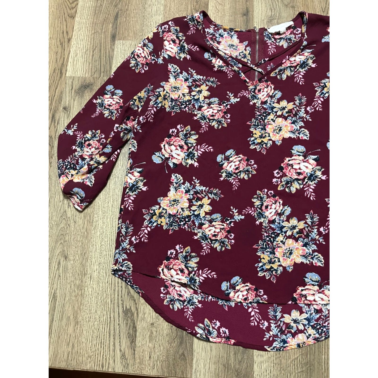 Vintage Pink Republic Shirt, Women, L, Floral, Back Zip Up, 3/4 Sleeve, Round Neck, Casual, Maroon, Pink, Regular Fit, T-Shirt, Vintage No Size L / US 10 / IT 46 - 5 Thumbnail