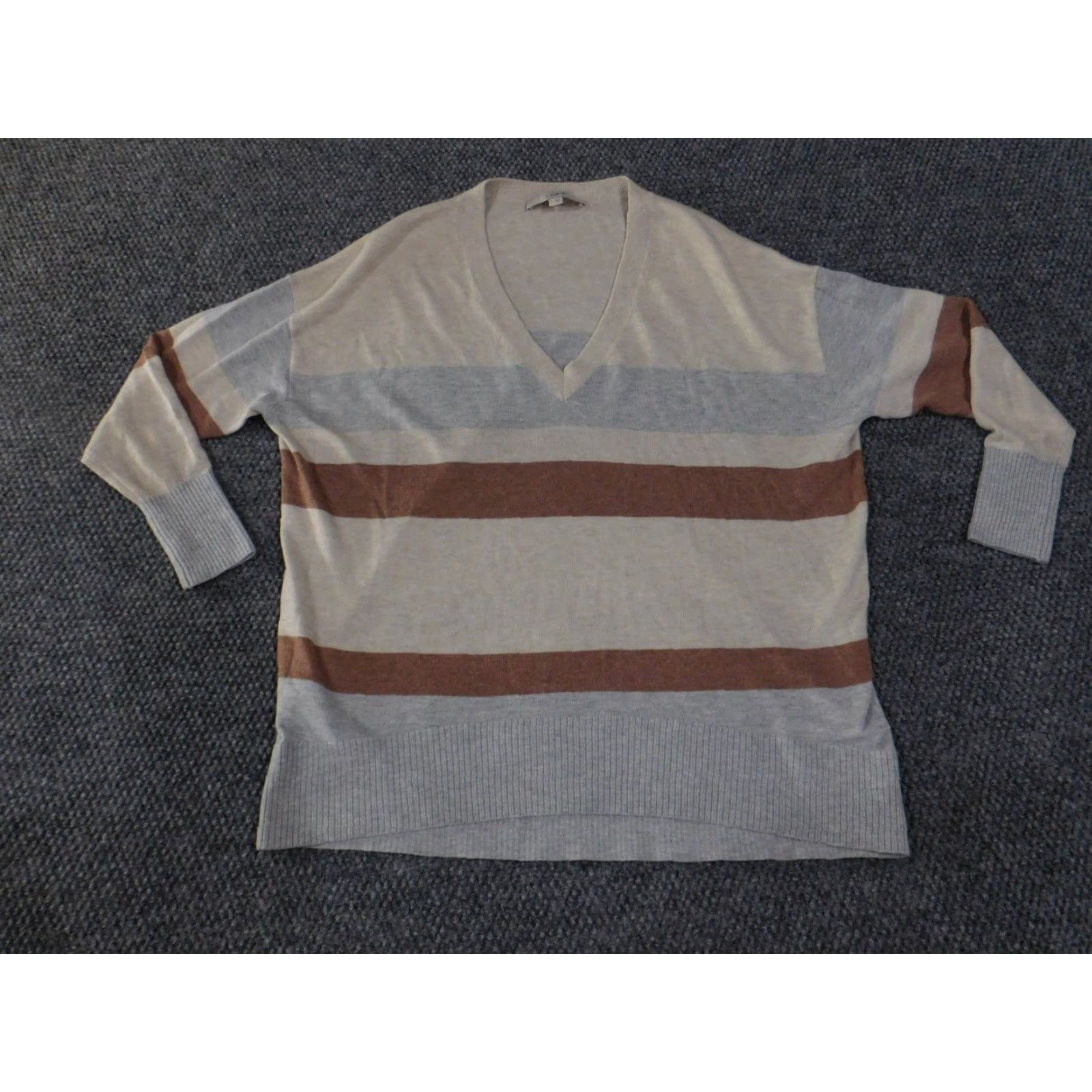 Loft LOFT Sweater Womens Small Beige Brown Striped Lightweight Casual Knit V-Neck Long Sleeve Button Pullover Regular Women Size S / US 4 / IT 40 - 2 Thumbnail