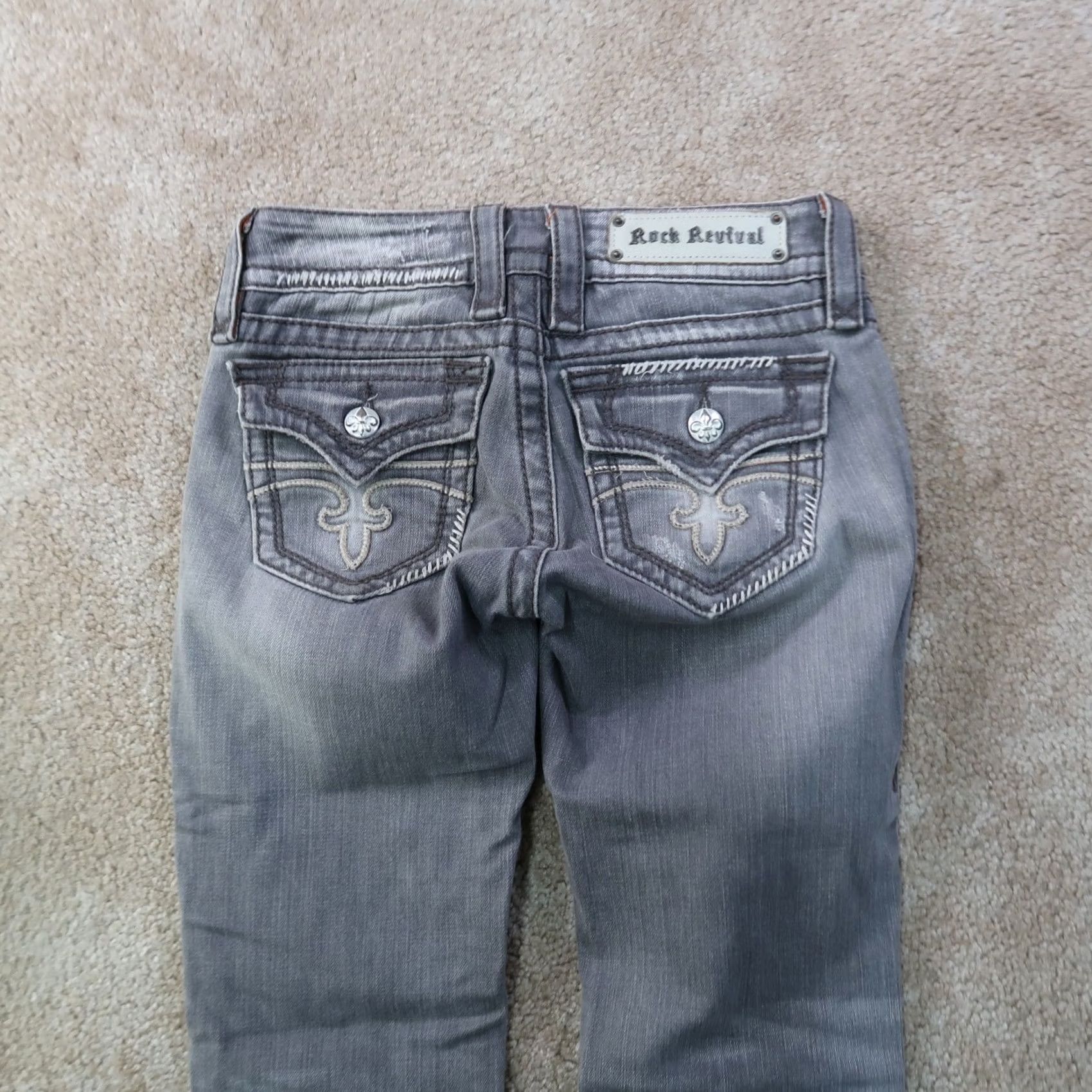 Vintage Rock Revival Celine Straight Jeans Womens 25 Gray Denim Stretch Regular 5-Pocket Leather Logo Men? Size 42" / US 20 - 7 Thumbnail