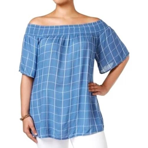 Vintage VINTAGE Style&co. Plus Size Poolside Checkered Off-The-Shoulder Top Blouse 2X Blue Womens Size XXL / US 16-18 / IT 52-54 - 2 Thumbnail