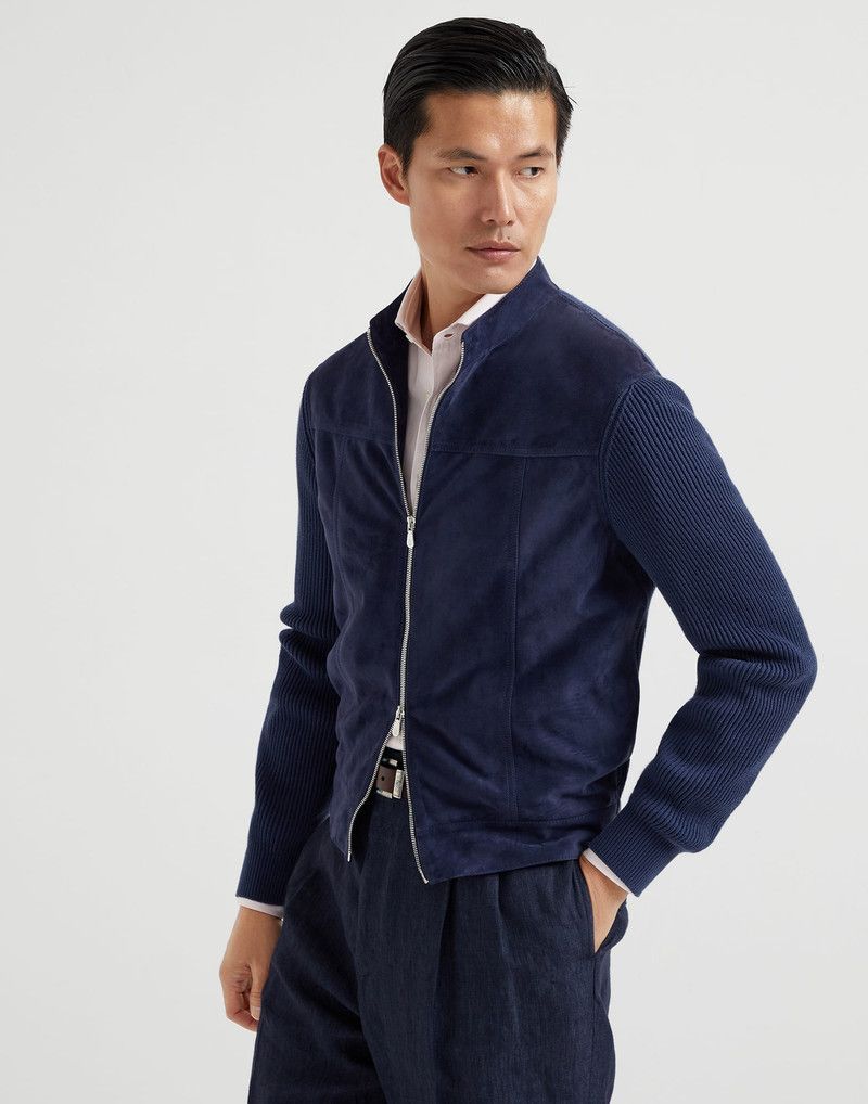 Brunello Cucinelli o1la1rc1a0326 Suede Bomber Jacket in Blue Size US XL / EU 56 / 4 - 1 Thumbnail