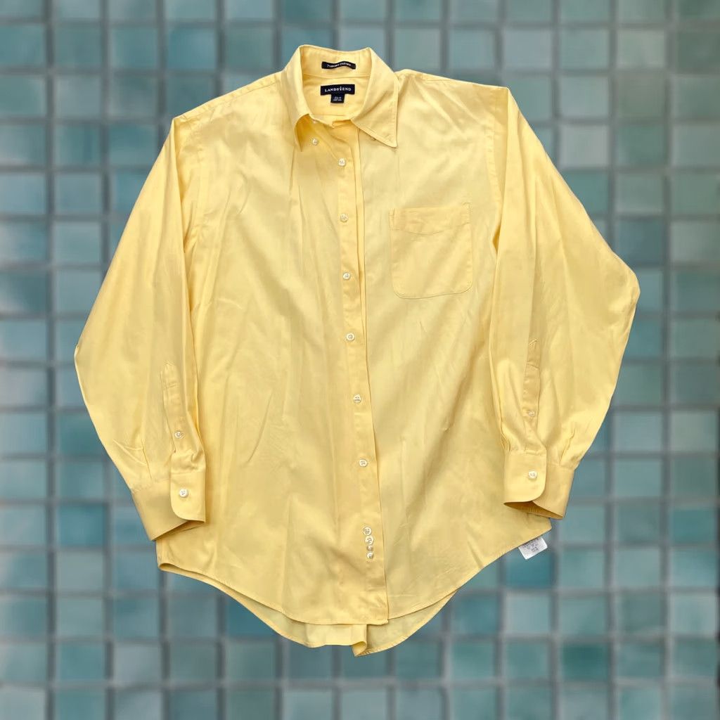Lands' End Lands' End Shirt Mens Dress Shirt Button-Down 100% Cotton Yellow Long Sleeve Pleated Chest 48 M Regular Ocean City Preppy Casual Business Size 40R - 1 Thumbnail