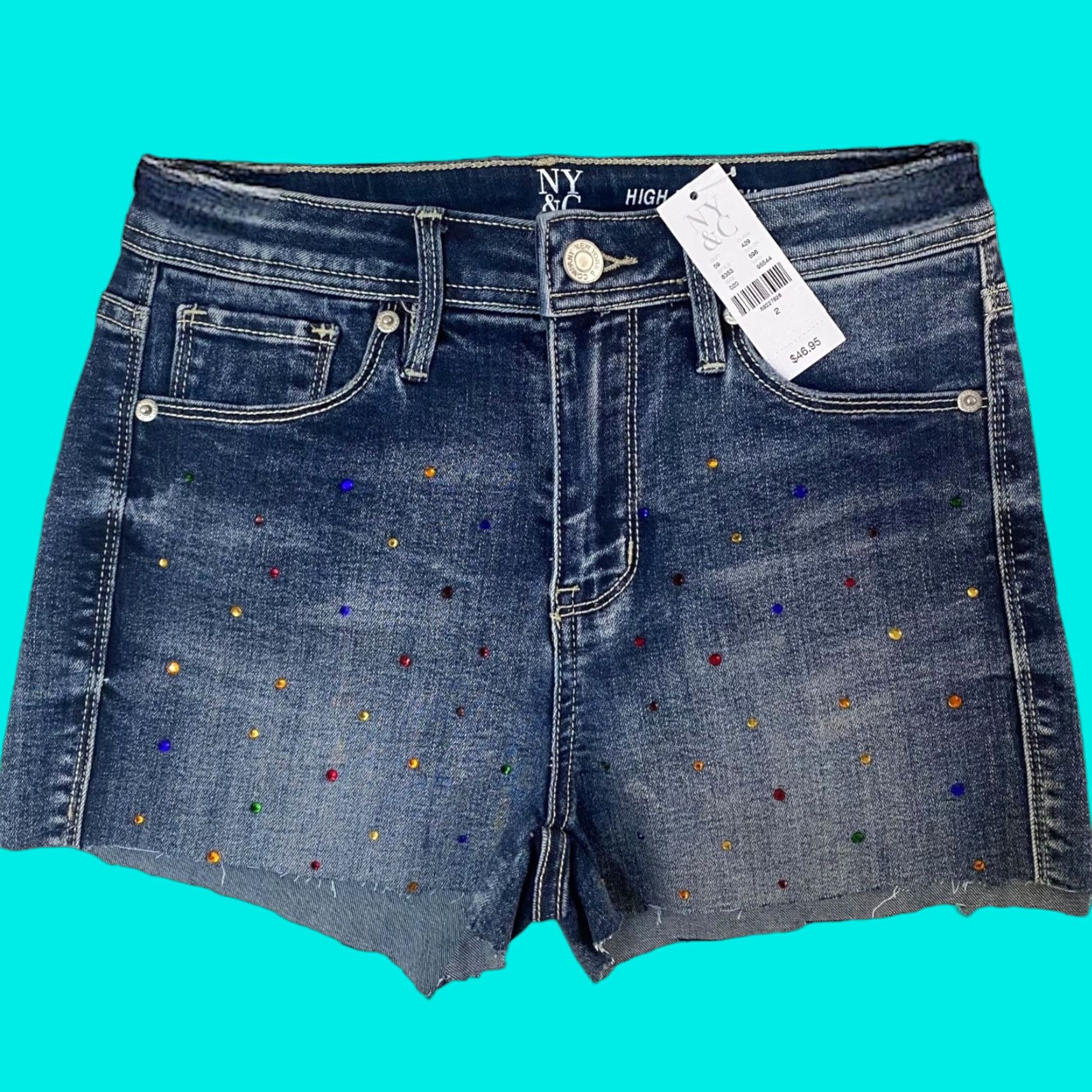 Vintage VINTAGE New York & Co. Lexi Women's Denim Shorts High-Waisted 2 Blue Rhinestone Cut-Off 5-Inch Pockets Size 26" / US 2 / IT 38 - 1 Thumbnail