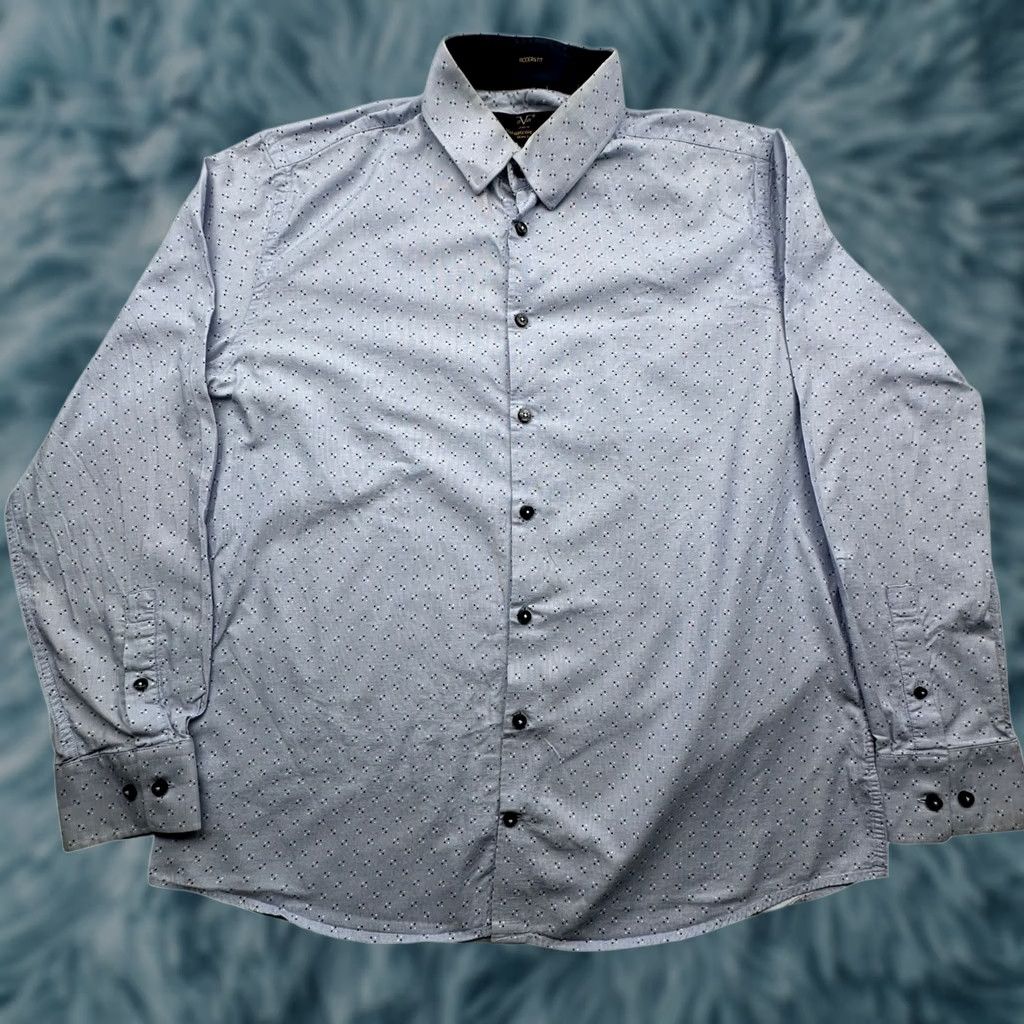 Versace VINTAGE Versace Shirt Dot 1969 16.5 Long Sleeve Button-Down Blue Black Logo Mens L Size 42R - 1 Thumbnail