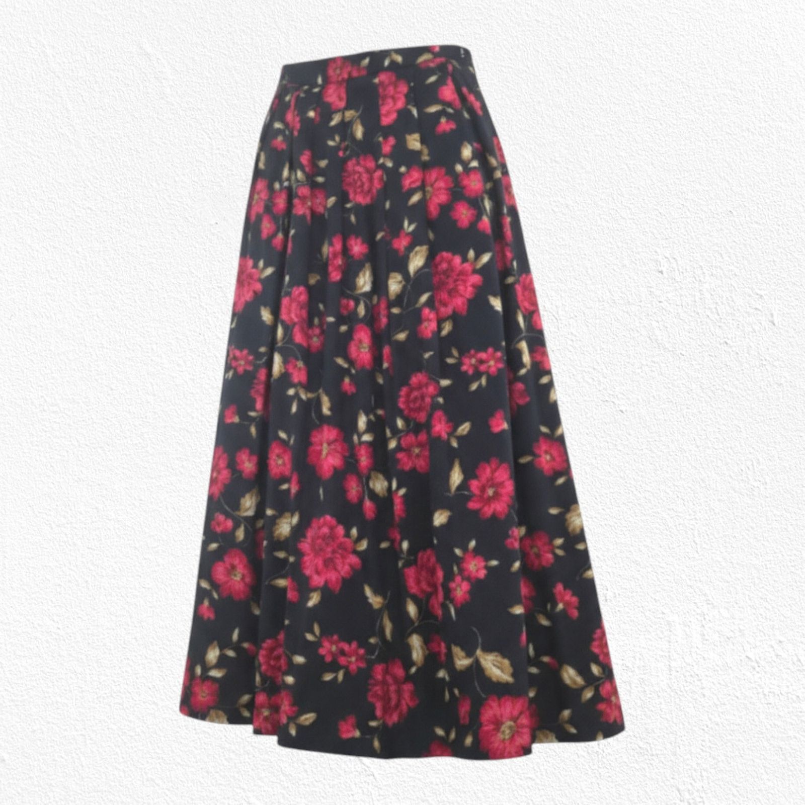 Worthington Vintage Black Red Floral Rayon Midi Skirt Size 10P USA Made Size 32" / US 10 / IT 46 - 1 Thumbnail