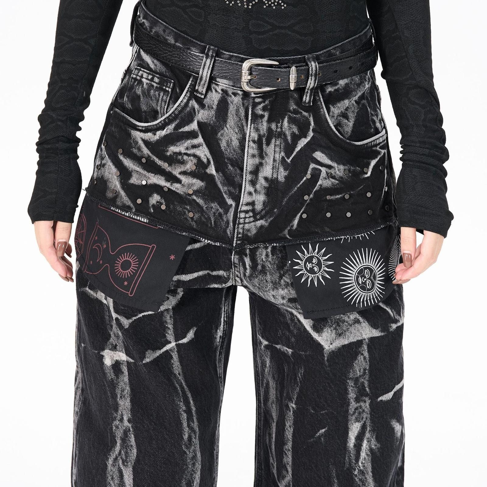 Vintage Black Tie-Dye Wide Leg Casual Pants, Patch Pocket Jeans Size 28" / US 6 / IT 42 - 3 Thumbnail