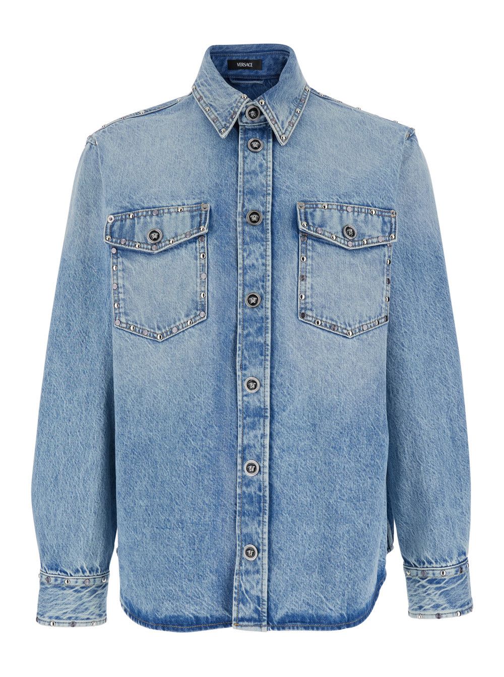 Versace Light Blue Shirt with Classic Collar and Two Patch Pockets on the Front in Denim for Men Size US L / EU 52-54 / 3 - 1 Thumbnail