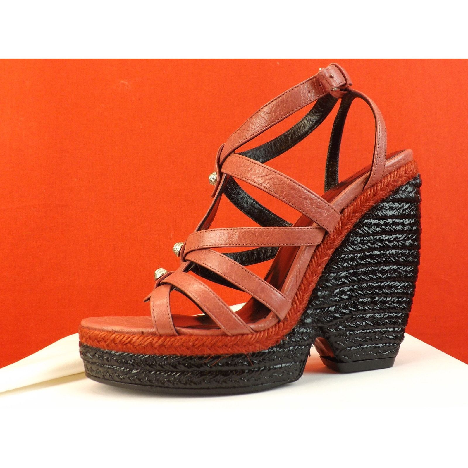 Balenciaga BALENCIAGA ARENA ROSE PINK LEATHER WEDGE STUDDED SANDALS 39 Size US 9 / IT 39 - 4 Thumbnail