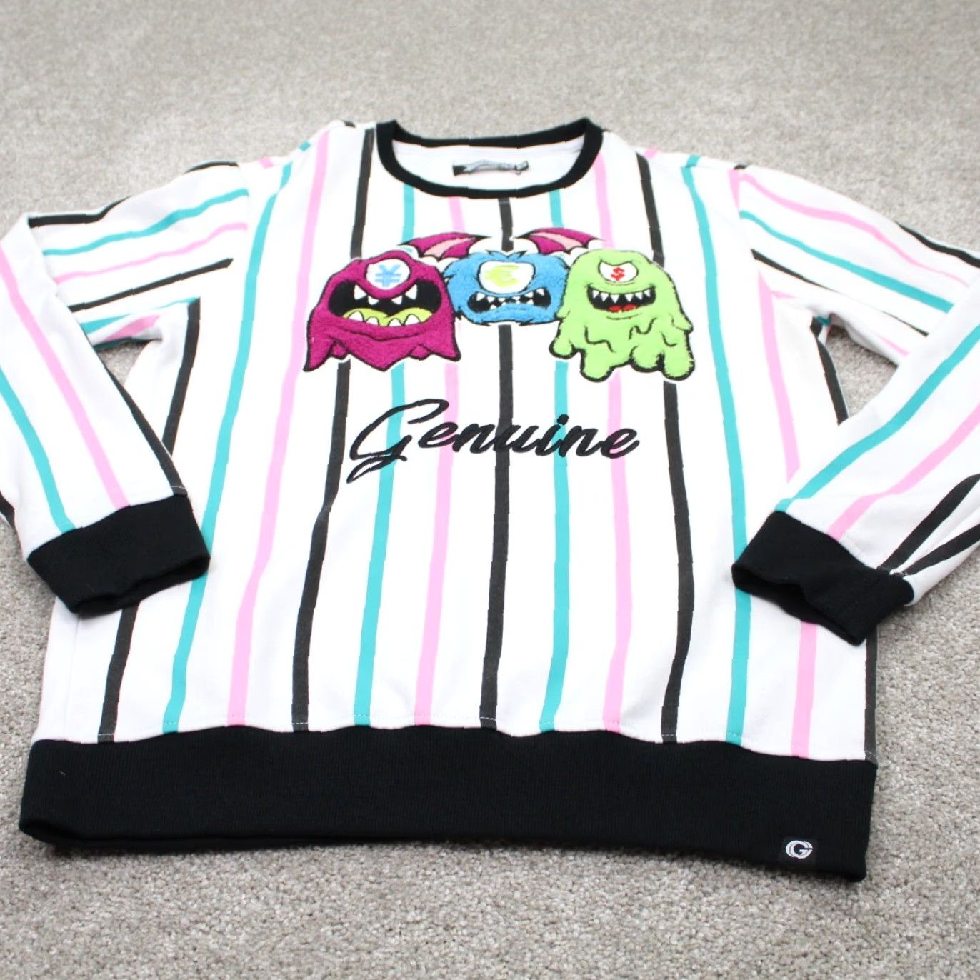 Vintage GNUN Mens Medium Pink & Blue Striped Sweatshirt Long Sleeve Pullover Crew Neck All Seasons Graphic Print White with Blue Accents Sports Theme Size US M / EU 48-50 / 2 - 2 Thumbnail
