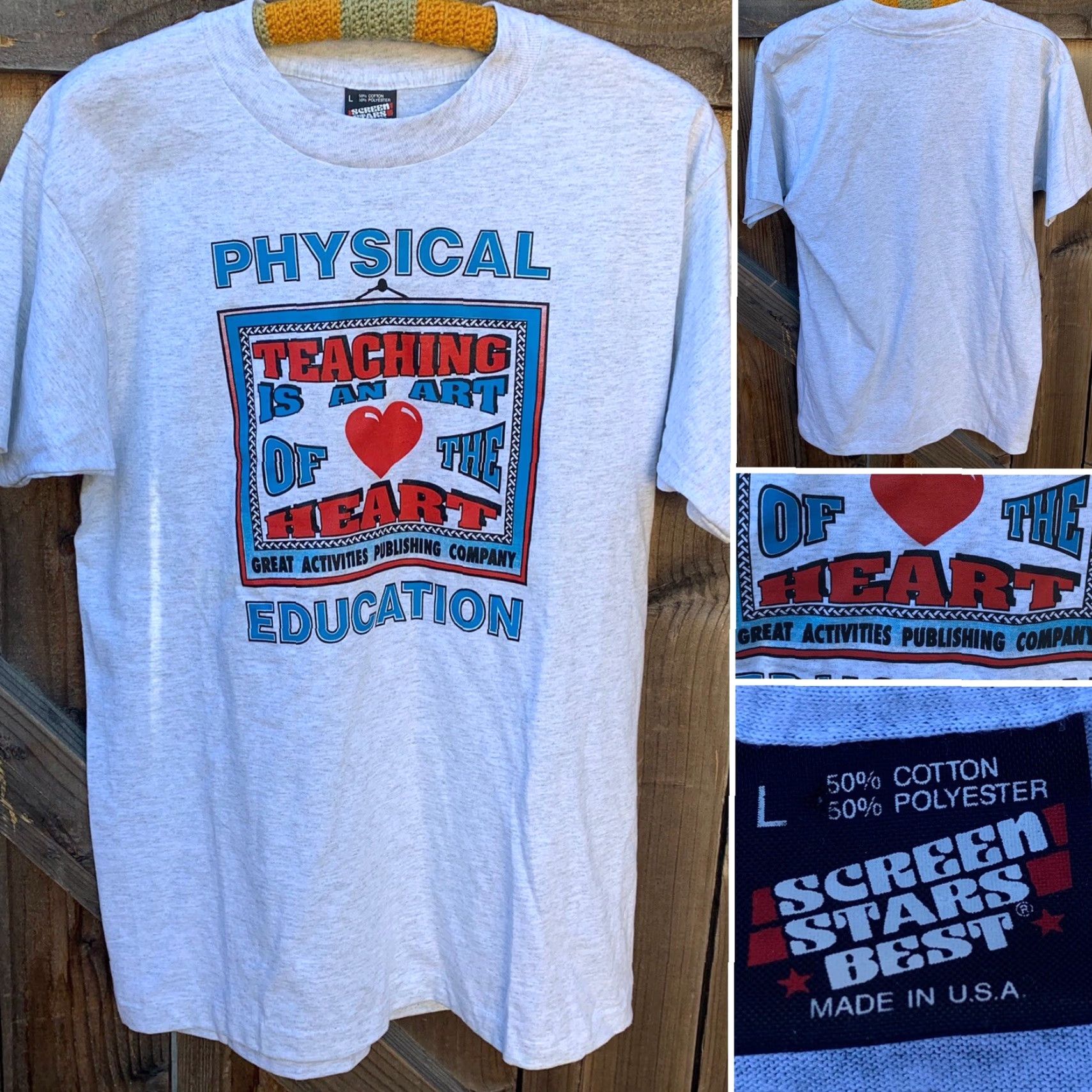 Vintage VINTAGE Screen Stars T-Shirt Physical Education TEACHING IS AN ART OF THE HEART Gray L Unisex 50/50 Cotton-Polyester Graphic Tee 1980s 1990s Size US L / EU 52-54 / 3 - 3 Thumbnail
