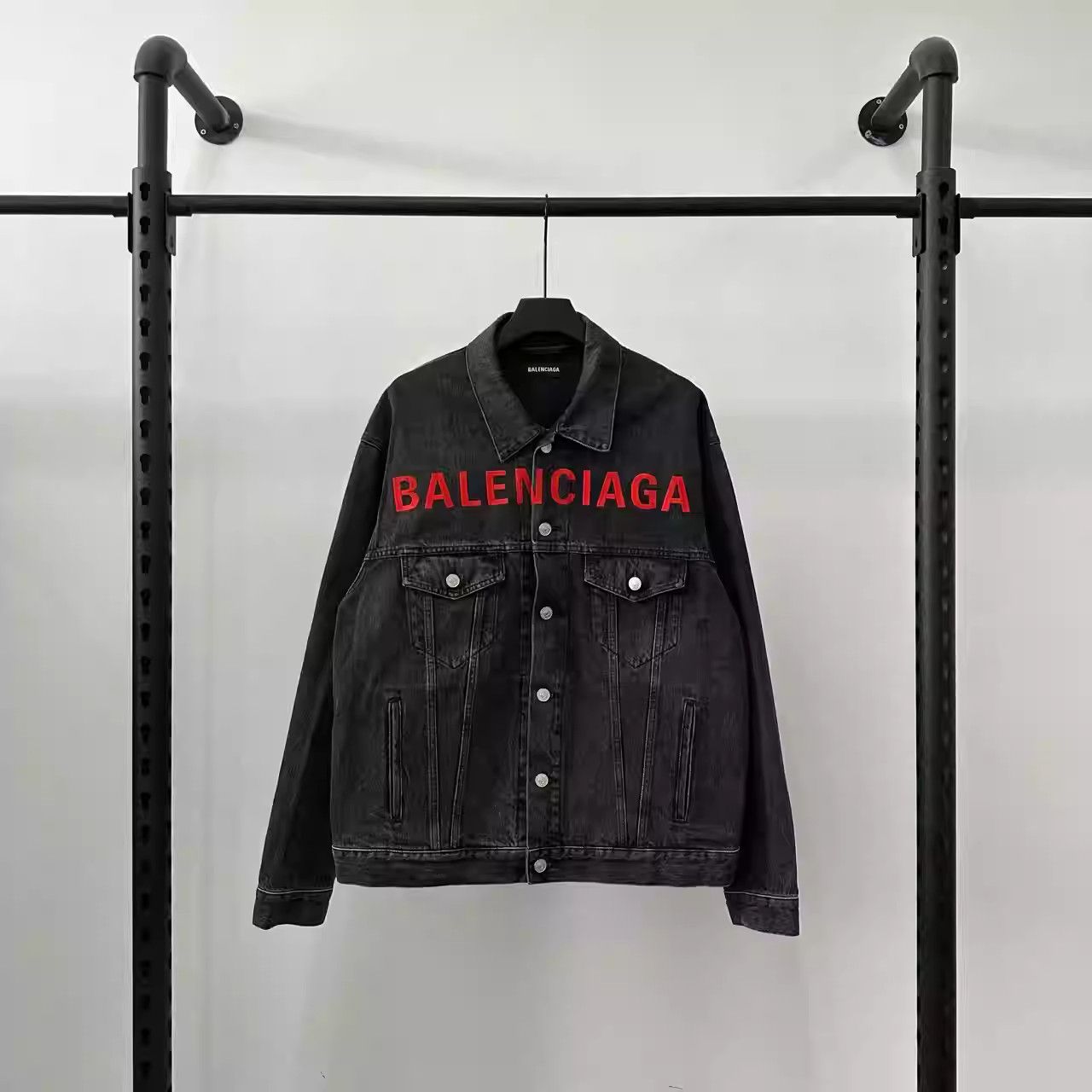 Balenciaga SS20 Red Letter Logo Embroidered Denim Jacket