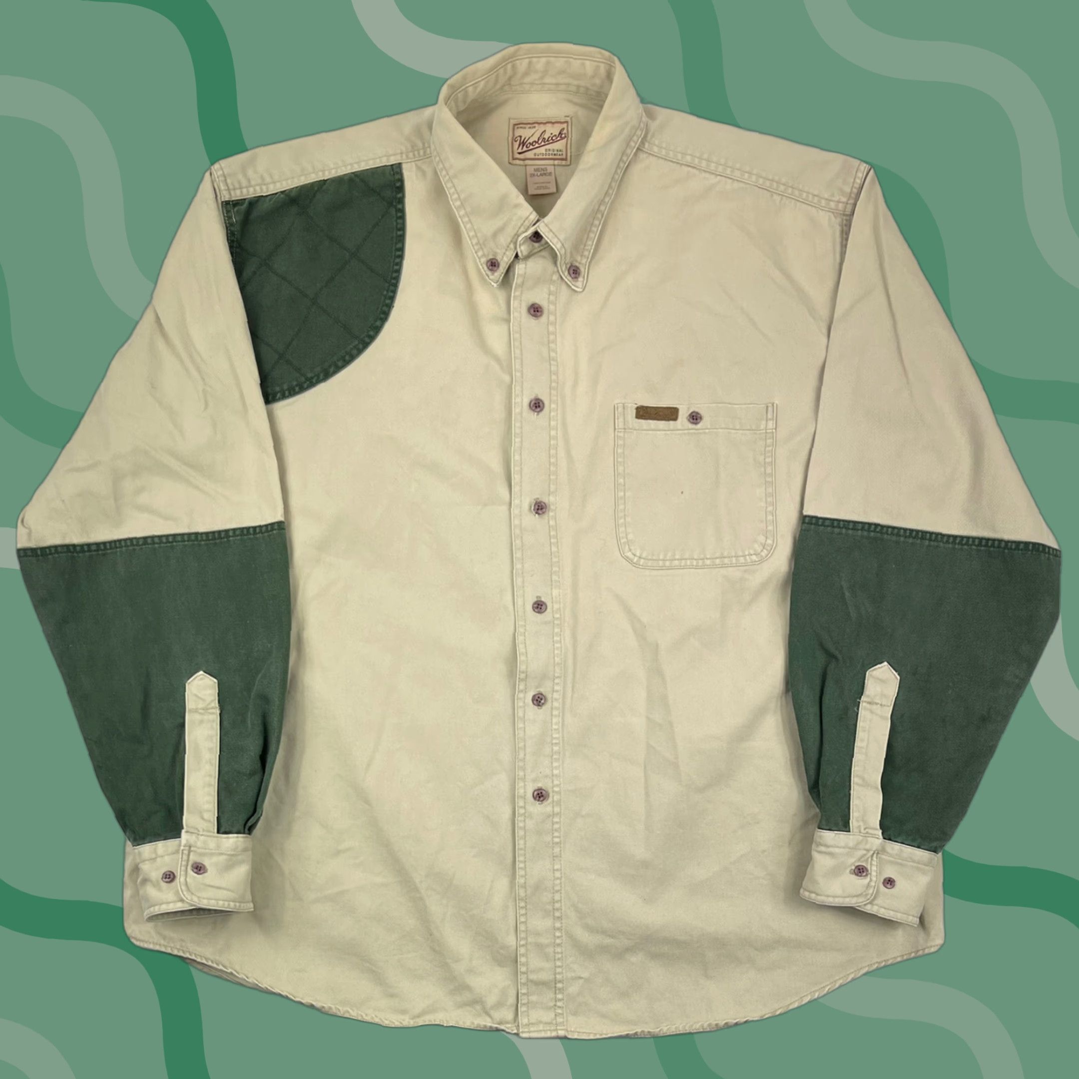 Vintage VINTAGE Woolrich Shirt XX-Large Button-Up Long Sleeve Hunting Quilted Shoulder Khaki Beige Padded Logo Mens Size US XXL / EU 58 / 5 - 1 Thumbnail