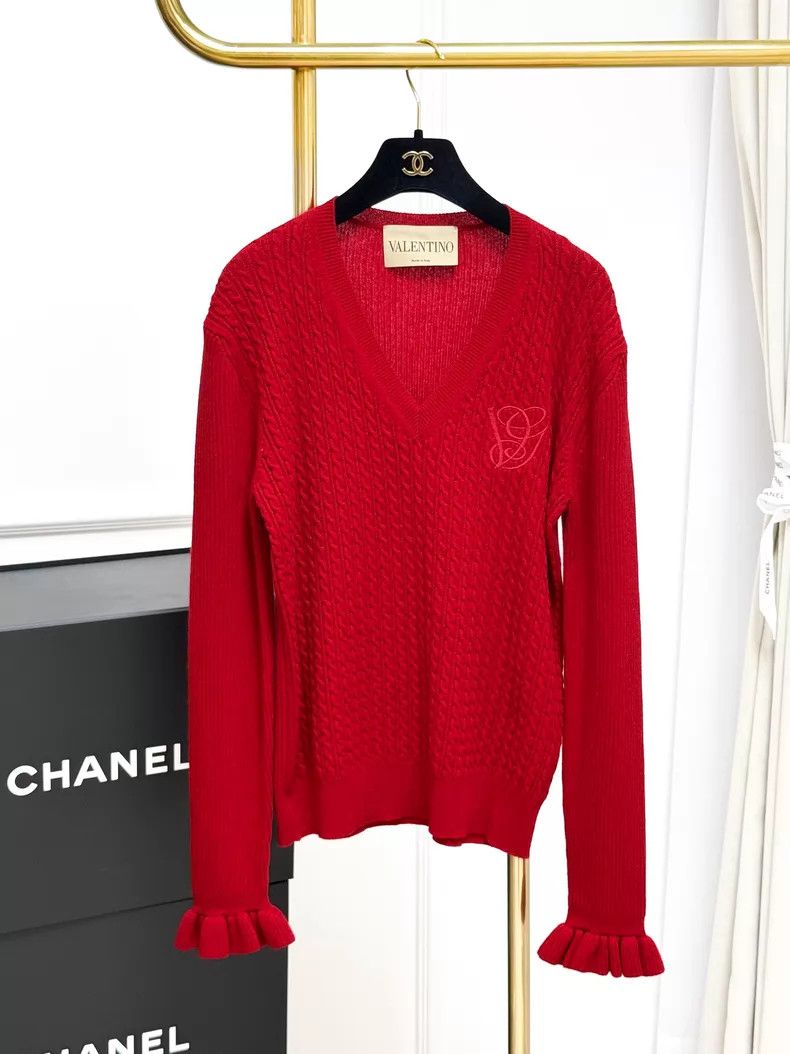 Valentino Valentino Red ruffled sleeves V-neck wool knit pullover Size XL / US 12-14 / IT 48-50 - 1 Thumbnail