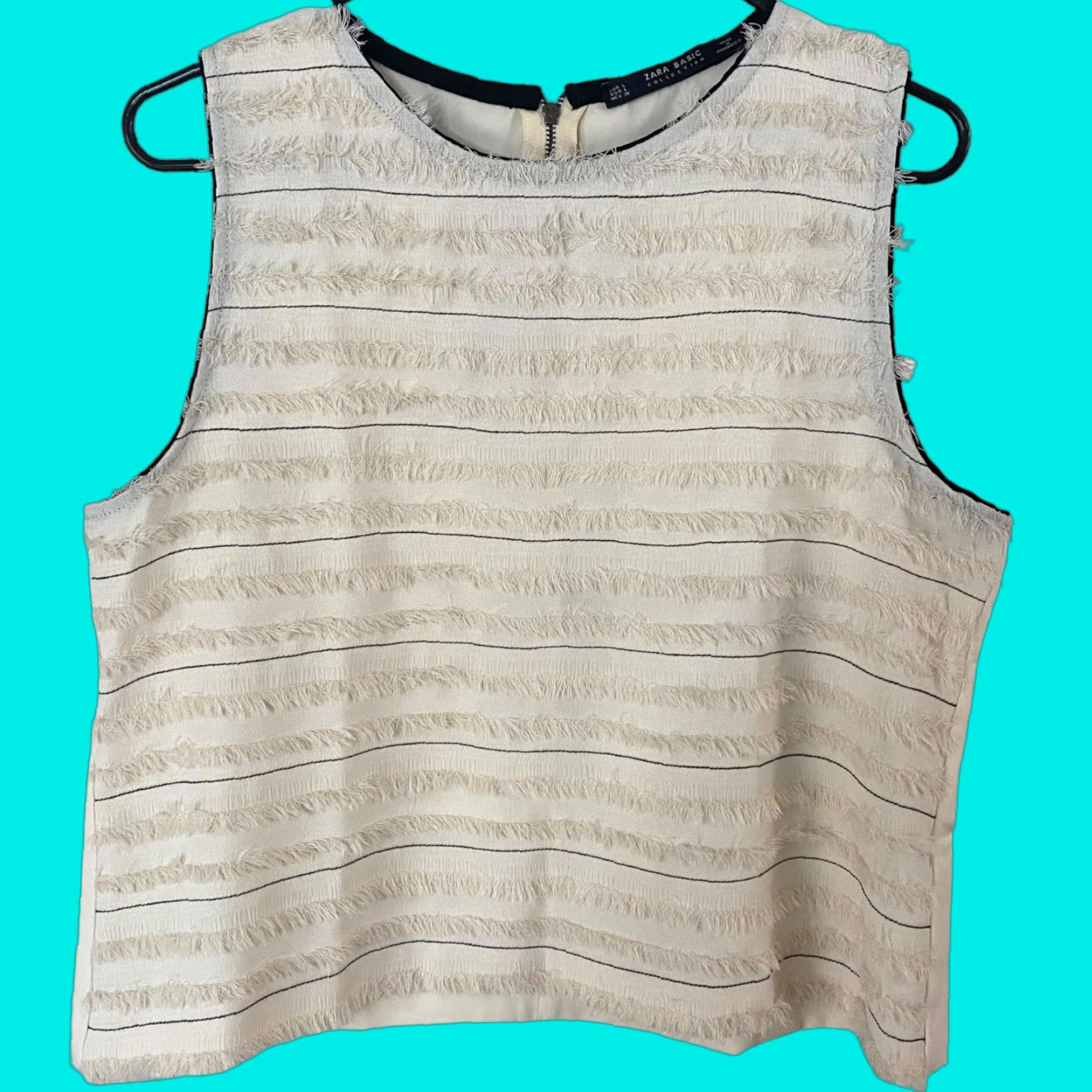 Zara Zara Blouse Adult Large Cream Fringe Sleeveless Tank Zip-Back Womens Size L / US 10 / IT 46 - 1 Thumbnail