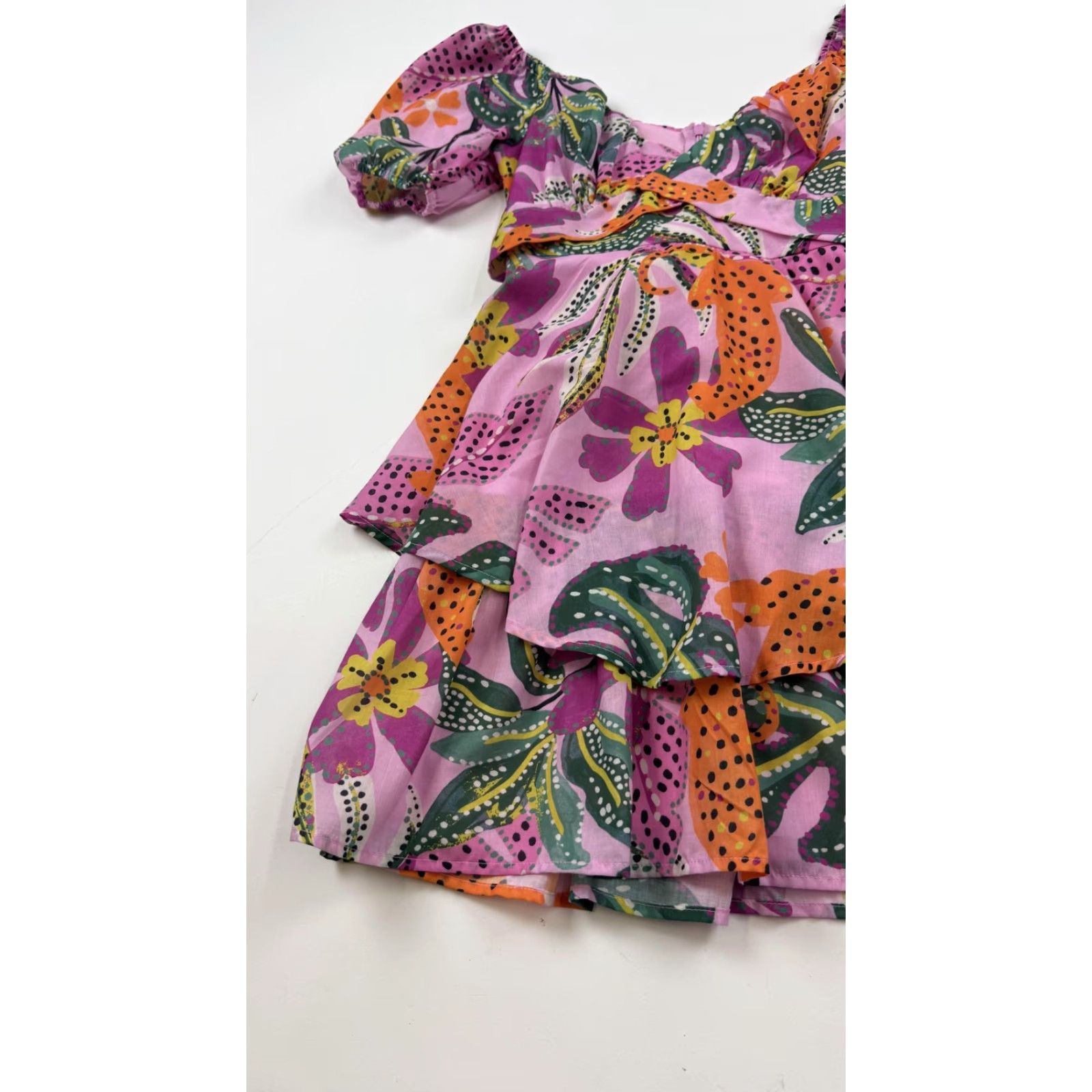 Pinko Crystal Sky Dress Womens XS Pink Floral Ruffle Tiered Puff Sleeve Mini Lined Size XS / US 0-2 / IT 36-38 - 3 Thumbnail