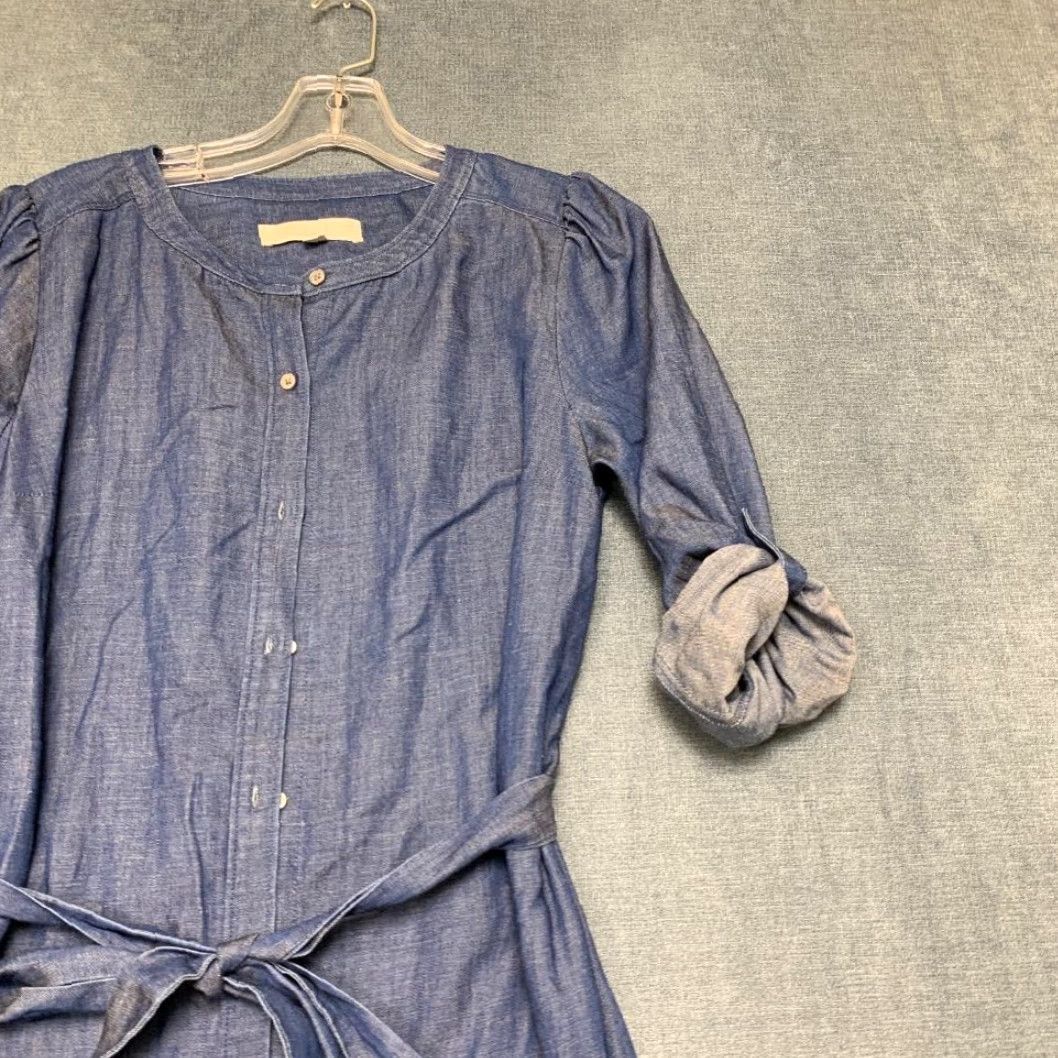 Loft VINTAGE Loft Shirt Dress Women S Blue Denim Pleated Tie Waist Round Neck Roll Tab Sleeve Size S / US 4 / IT 40 - 5 Thumbnail