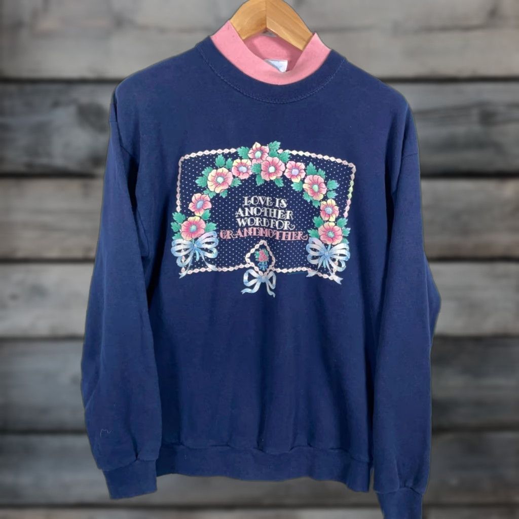 Vintage VINTAGE 90s Grandma Love Sweatshirt Santee Blue Raglan Sleeve Pullover Long Sleeve Floral Print Graphic Fall Winter Spring Summer Women Adult Large) Size L / US 10 / IT 46 - 1 Thumbnail