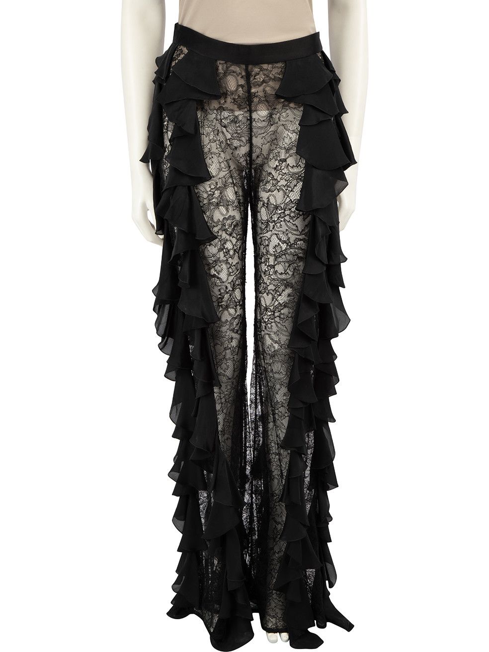 image of Balmain Black Lace Ruffled Flared Trousers, Women's (Size 26)