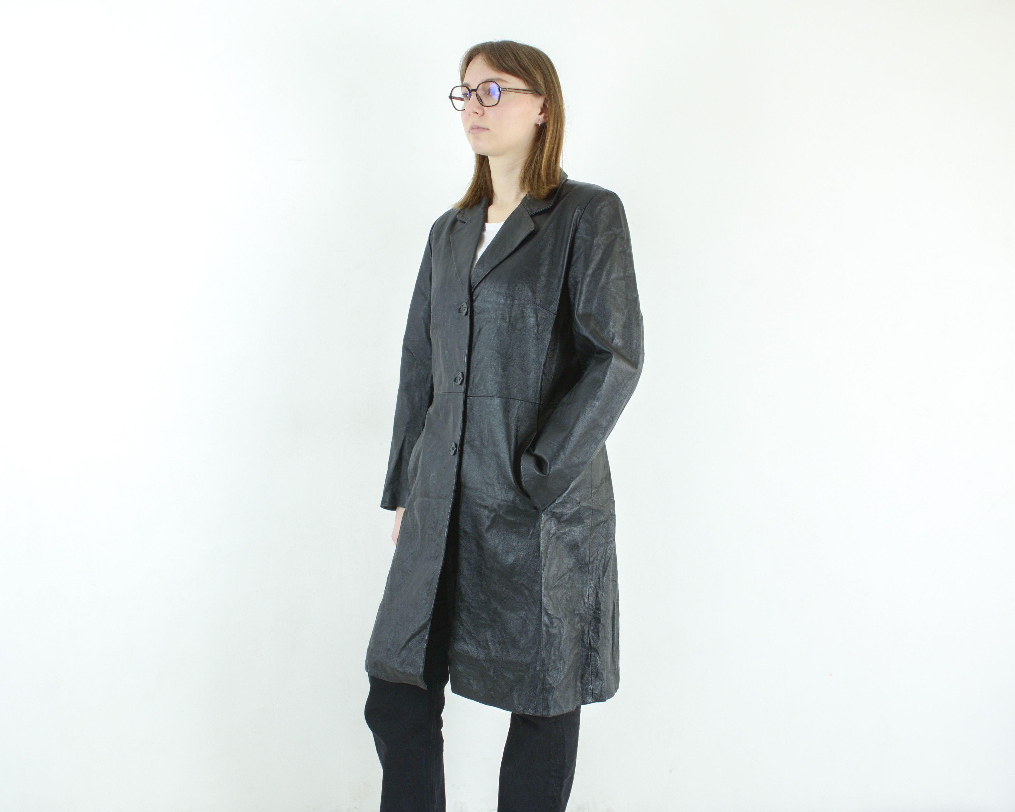 Target Basics × Vintage Genuine Leather Coat Black Button Up Jacket US 16 Trench Mac Size XL / US 12-14 / IT 48-50 - 4 Thumbnail
