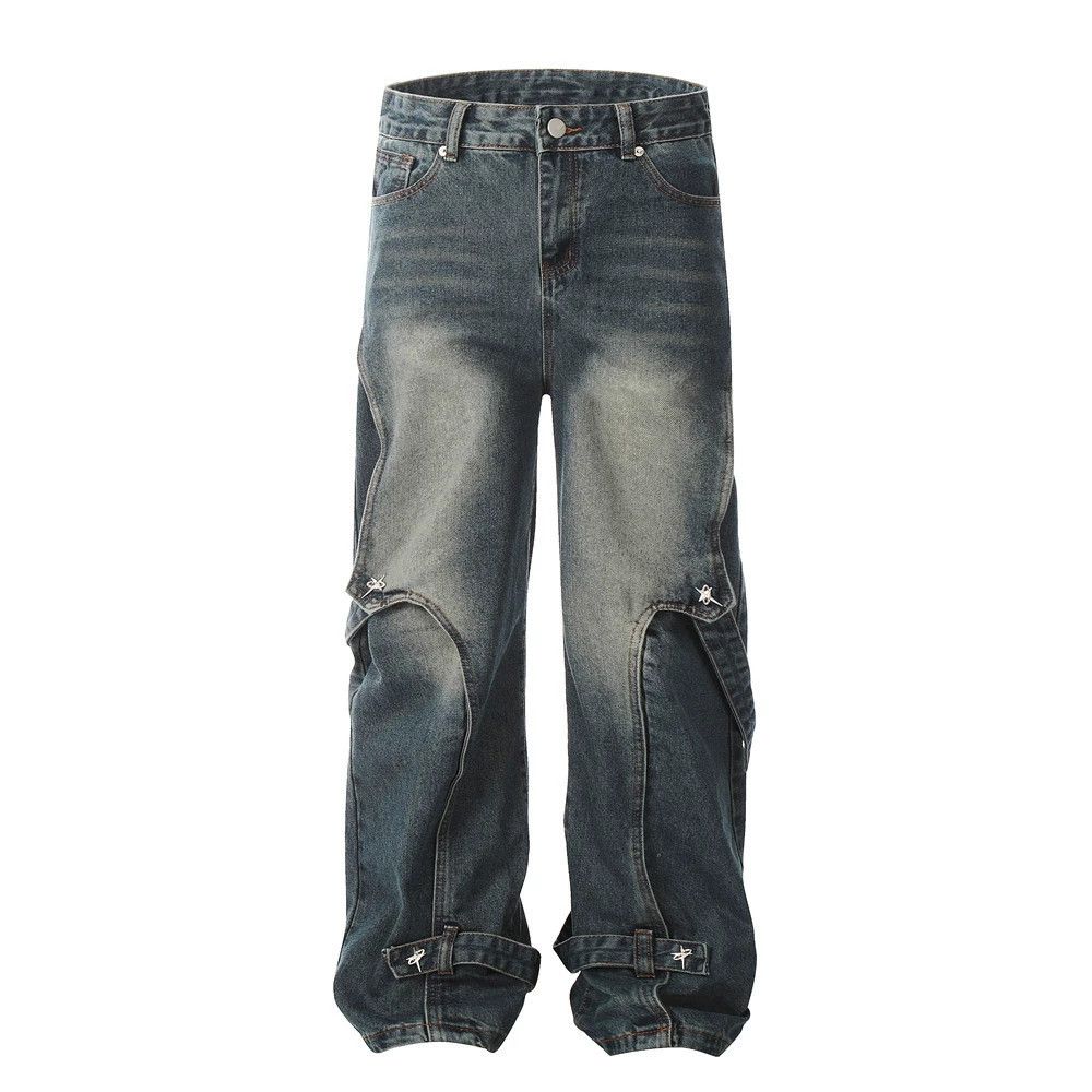 Men's loose straight-leg work jeans with metal buttons