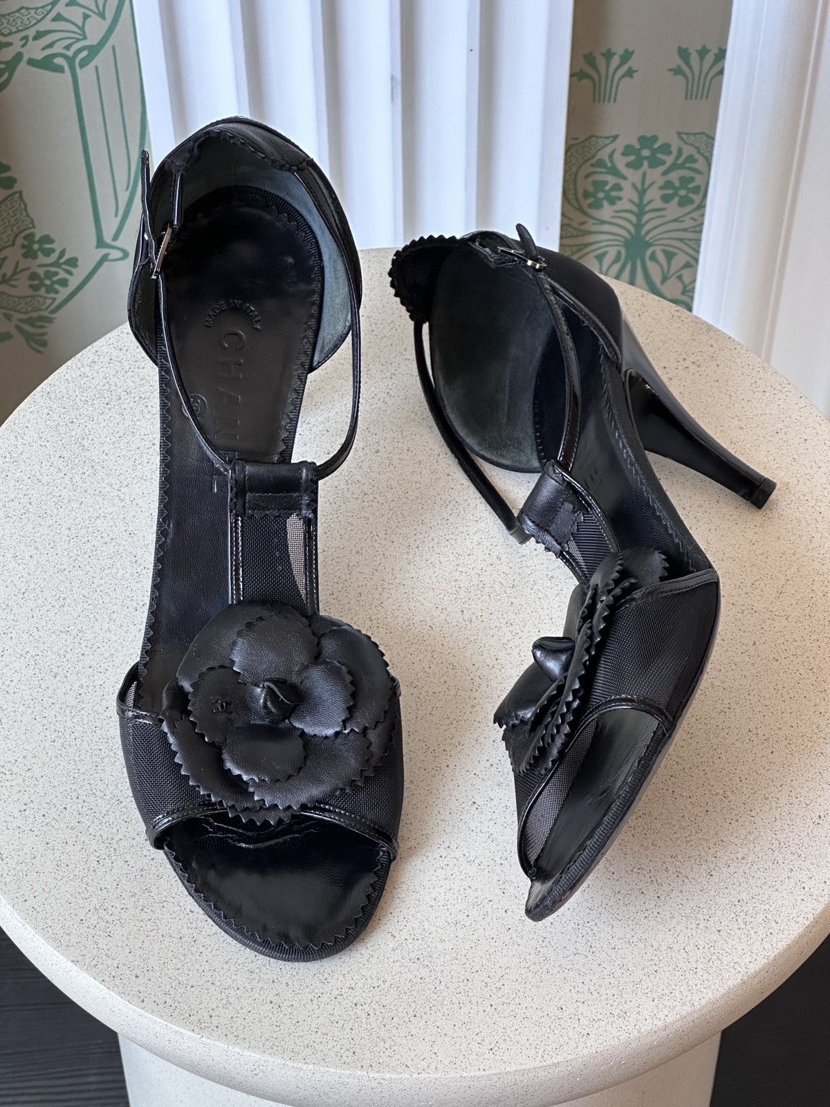 Chanel CHANEL Black Camellia Ankle Strap Mesh Leather Heels 42 Size US 11 / IT 41 - 2 Thumbnail