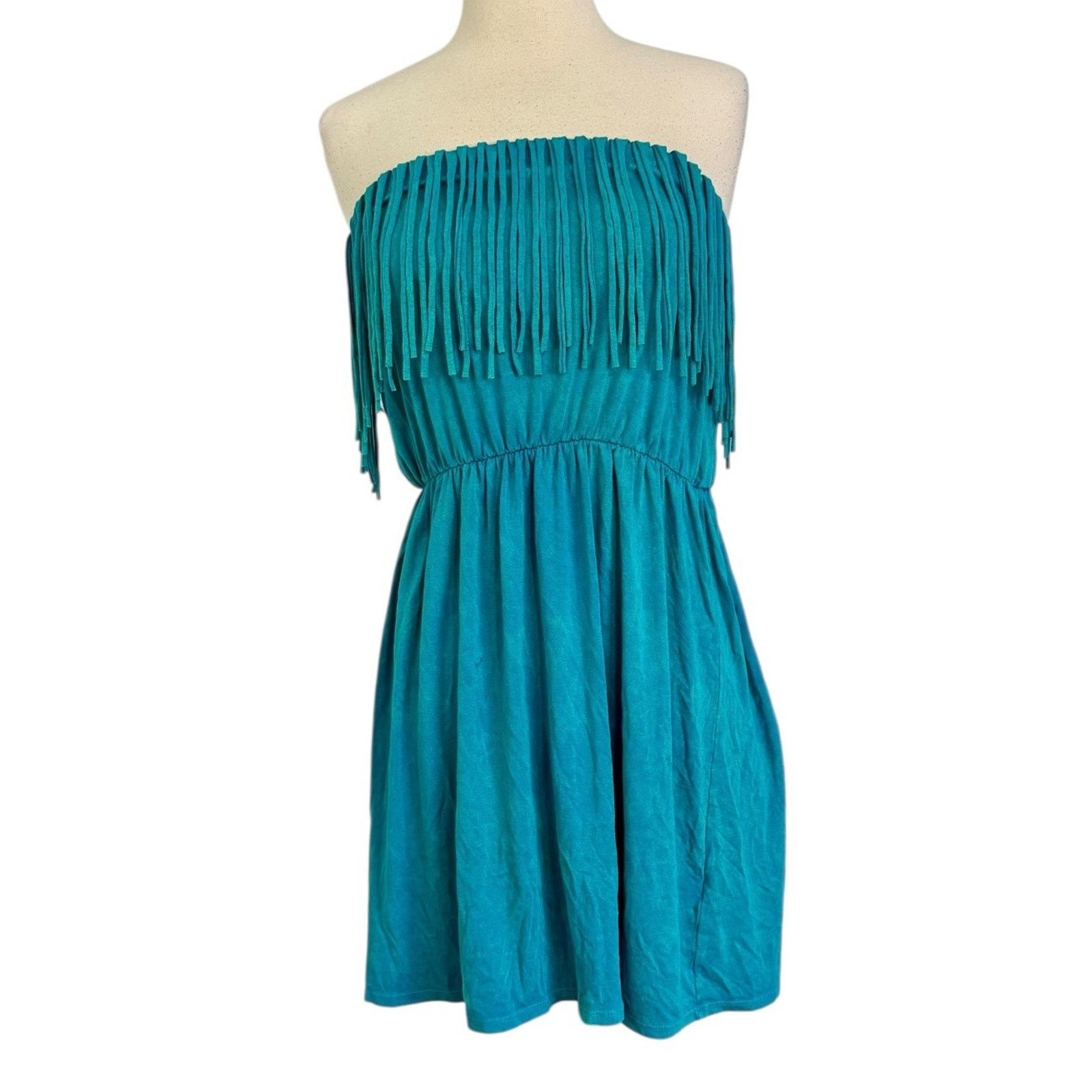Other VTG T PARTY 90s Y2K Turquoise Fringe Mini Strapless Dress Size L / US 10 / IT 46 - 3 Thumbnail