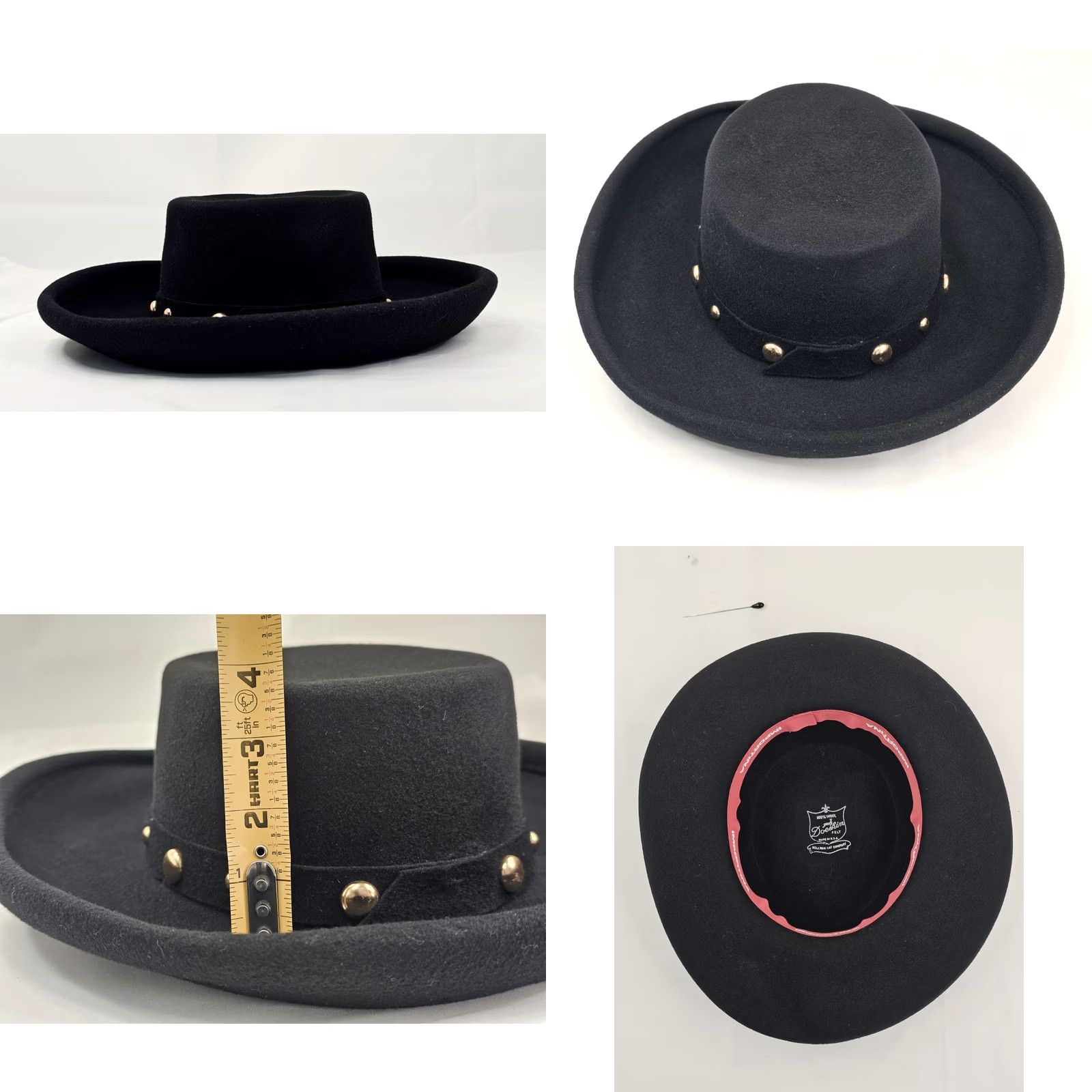 FELT VTG Bollman Wool Felt Hat 6 7/8 Wide Brim Fedora USA Western Brass Studs Mens Hat Size ONE SIZE - 8 Thumbnail