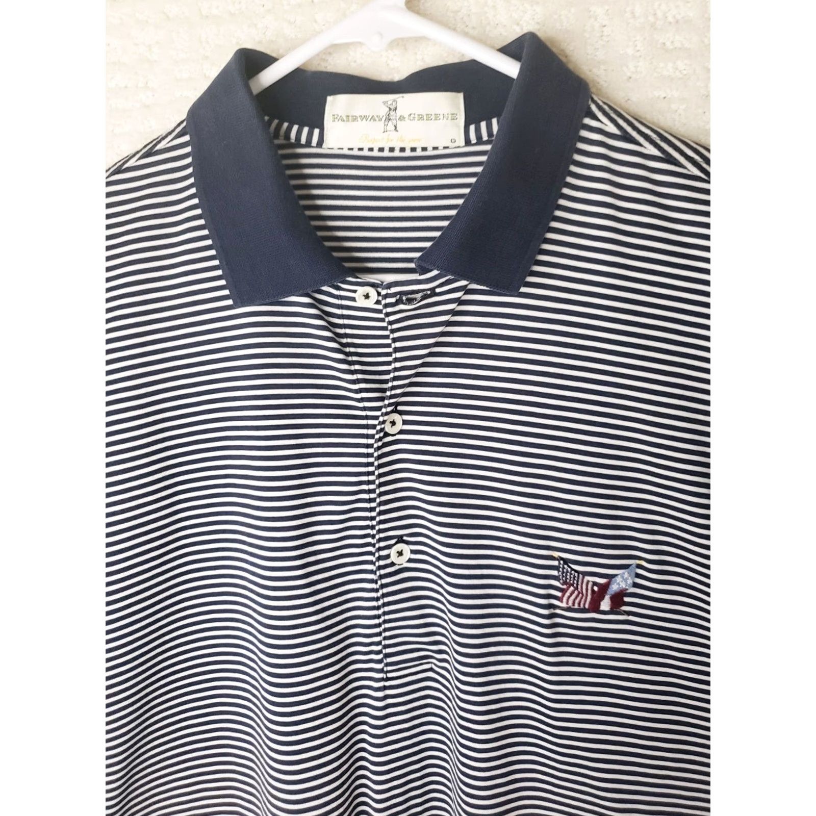 Vintage VINTAGE Fairway & Greene Men's Polo Shirt Blue White Striped Golf American Flags L Regular Adults Mens Size US L / EU 52-54 / 3 - 3 Thumbnail