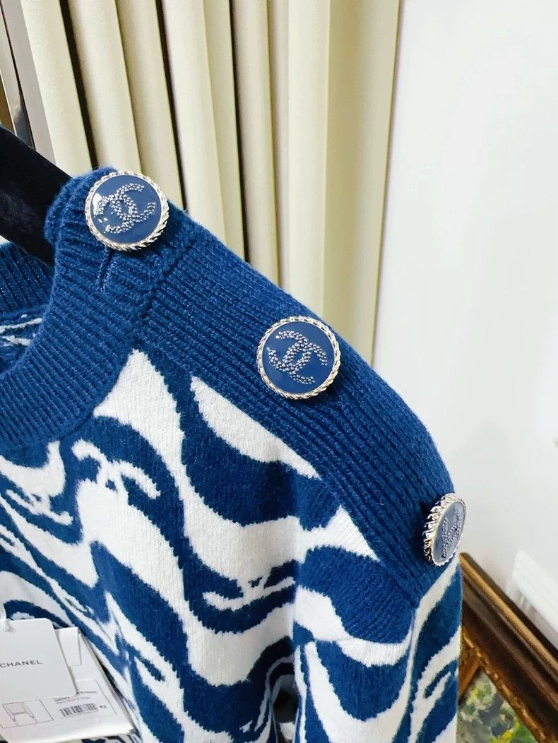 Chanel Chanel 21P navy blue white double C wavy knitted sweater Size M / US 6-8 / IT 42-44 - 5 Thumbnail