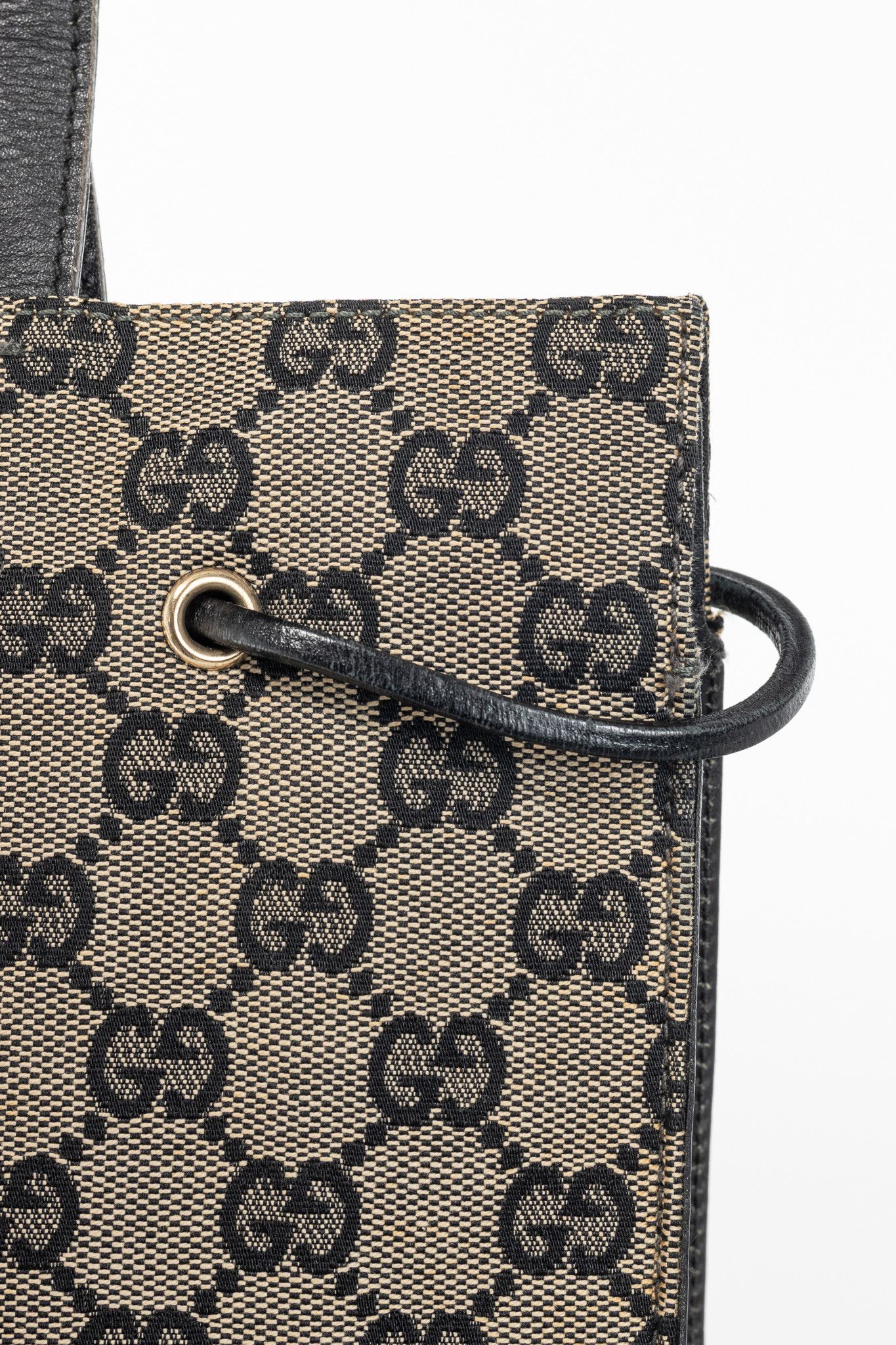 Gucci Gucci Khaki GG Canvas Black-Leather Drawstring Tote Size ONE SIZE - 9 Thumbnail