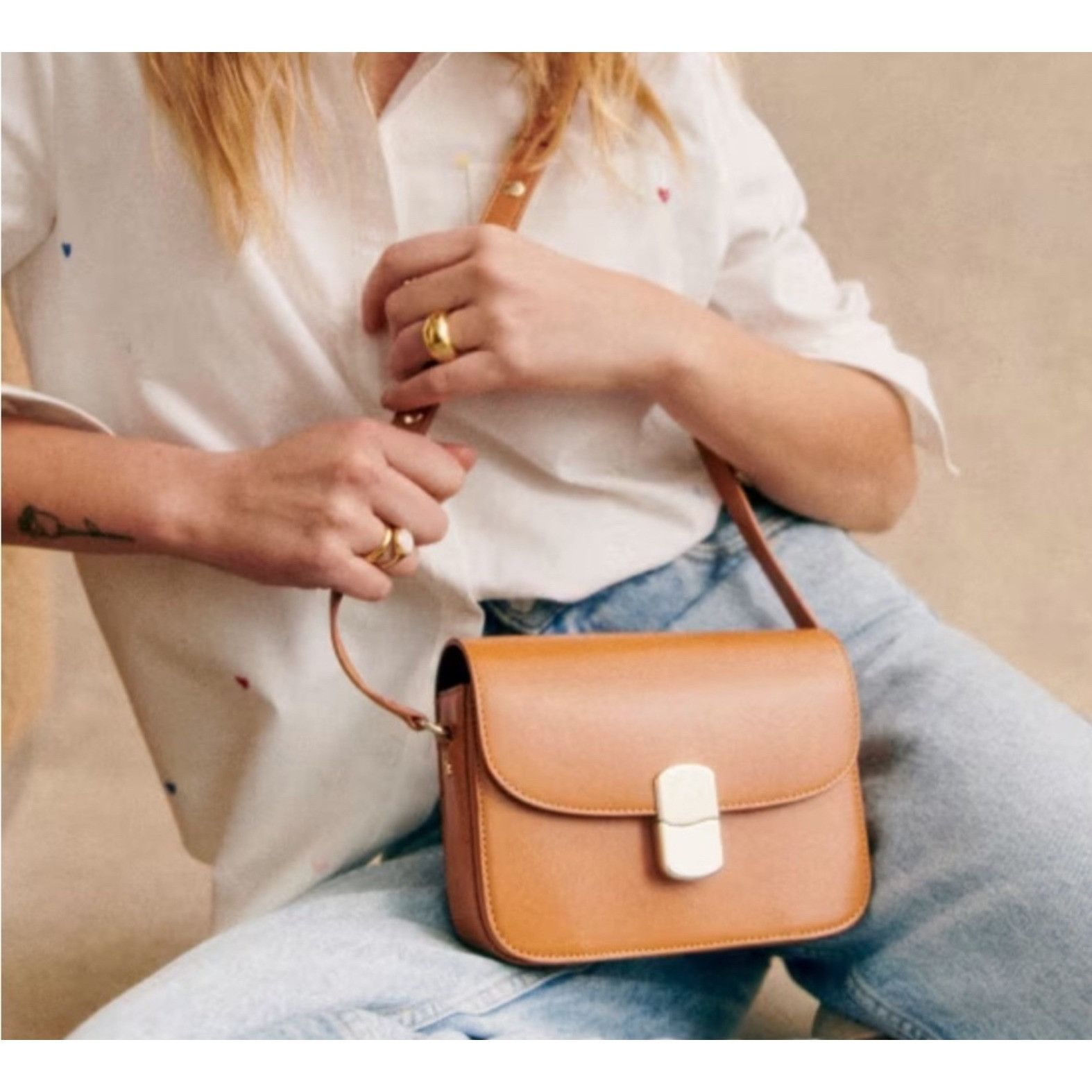 Sezane MINI MILO CLASSIC BAG tan brown leather smooth honey