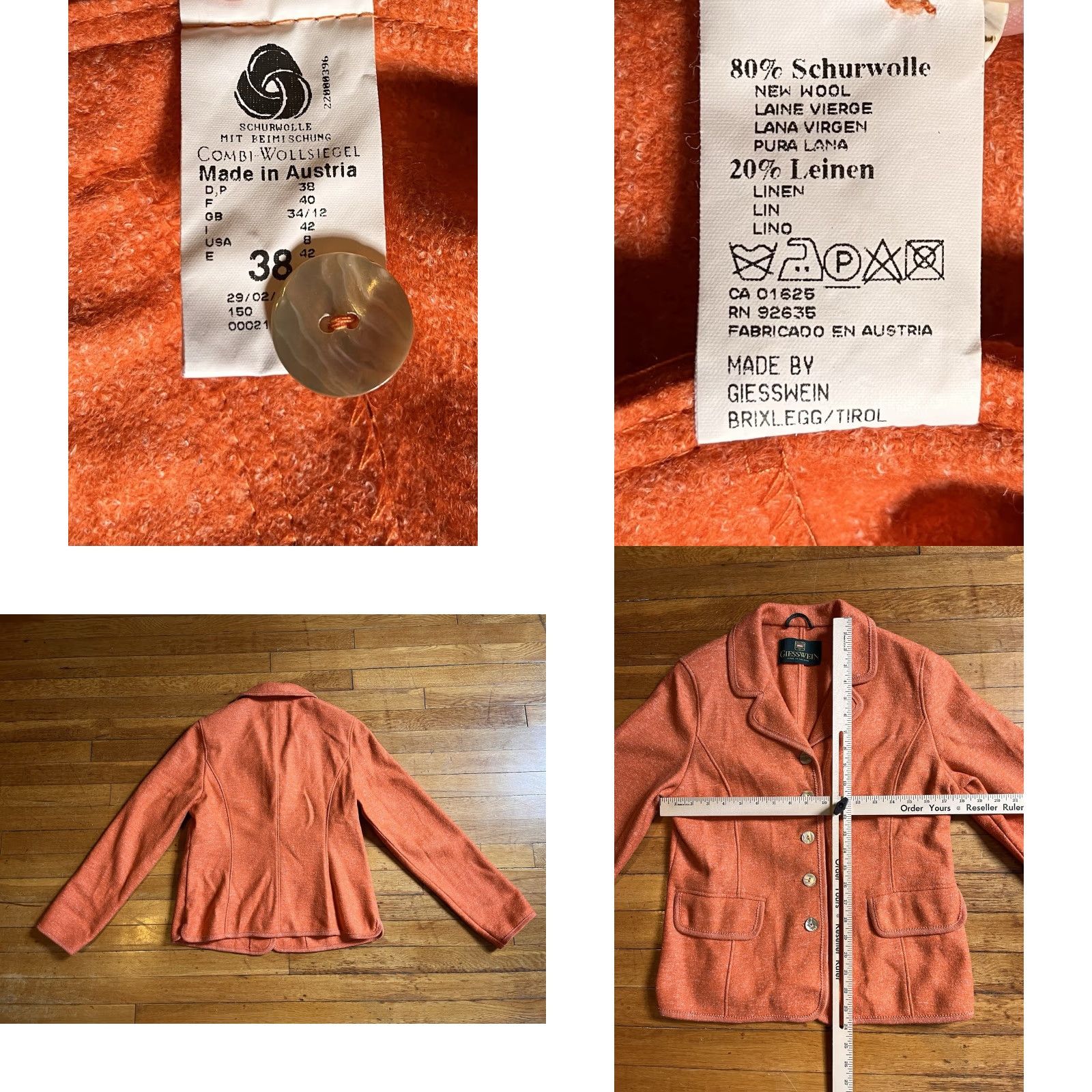 Vintage VINTAGE Giesswein Austria Jacket Women’s 8 Orange Wool Linen Blend Size M / US 6-8 / IT 42-44 - 8 Thumbnail