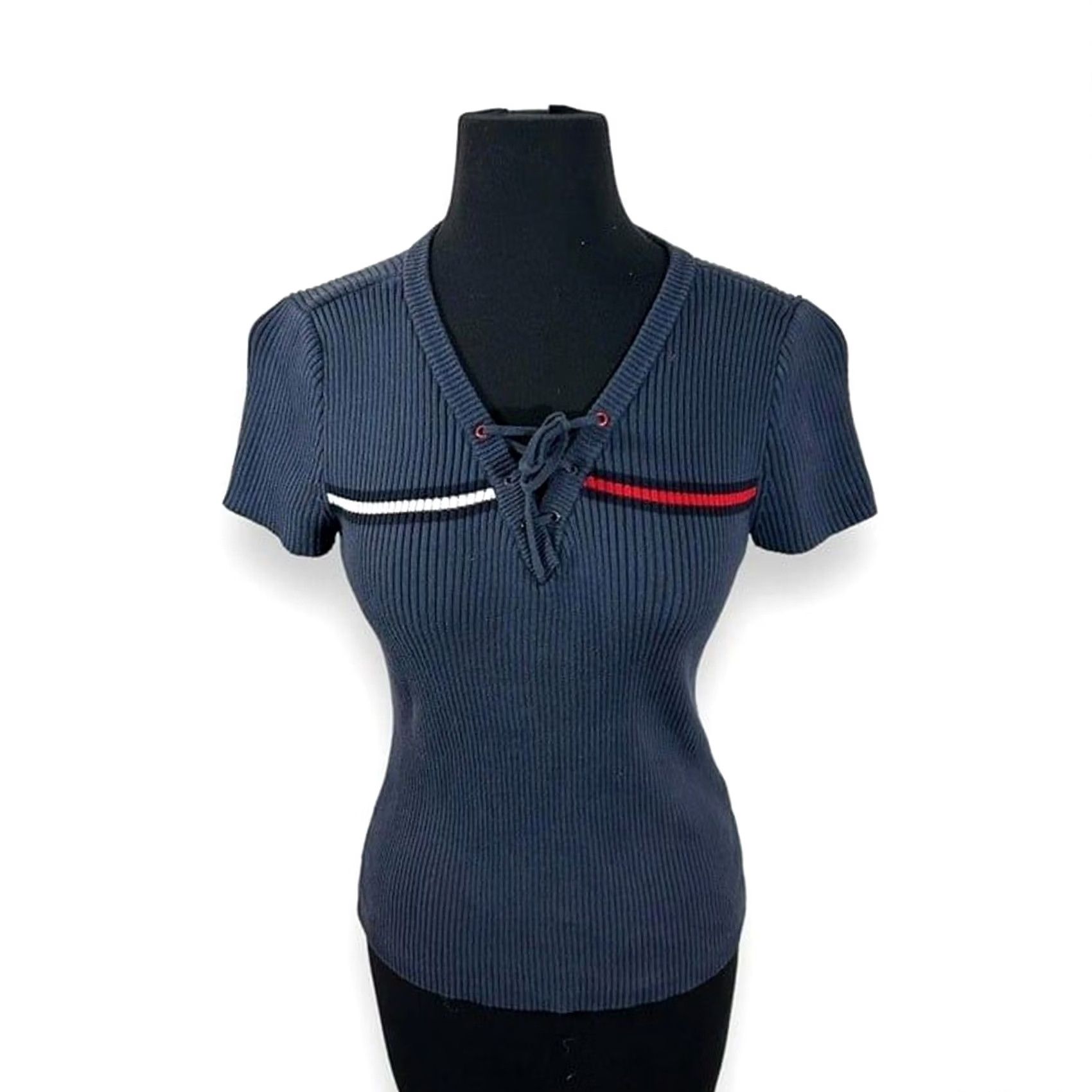 Tommy Hilfiger VINTAGE Tommy Hilfiger Ribbed Tee Shirt Womens Medium Navy Blue T-Shirt Womens M Navy Blue 90s Size M / US 6-8 / IT 42-44 - 2 Thumbnail