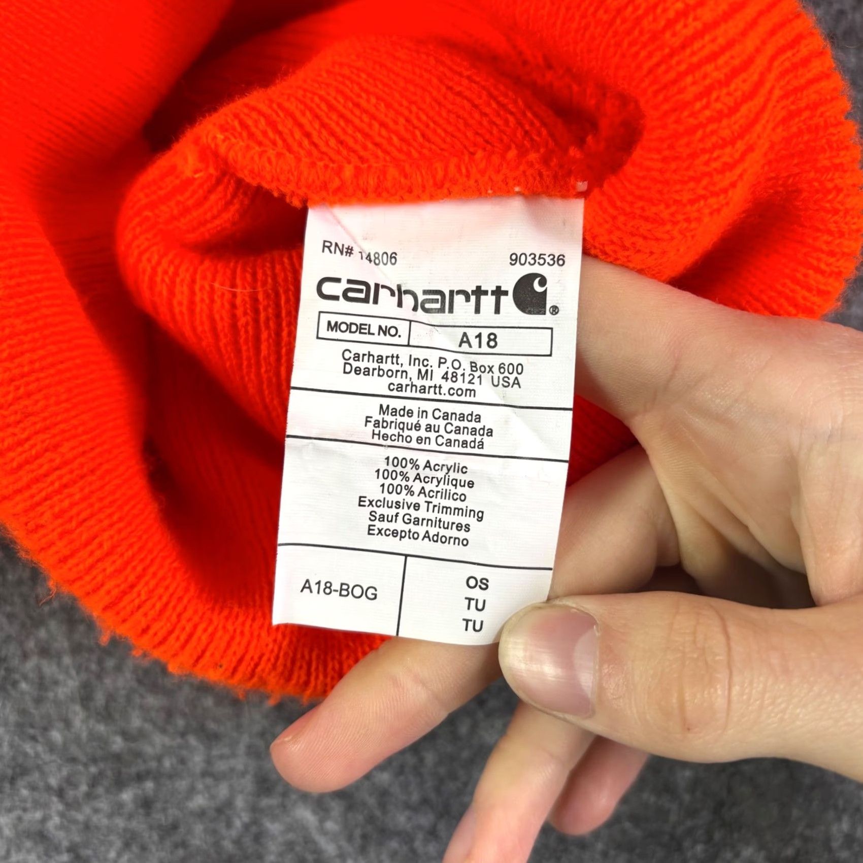 Carhartt Carhartt Beanie A18 Acrylic Knit Blaze Orange Neon Safety OS Mens Unisex Adults Knit Hat Cap Winter Fall Solid Stretch Size 44L - 3 Thumbnail