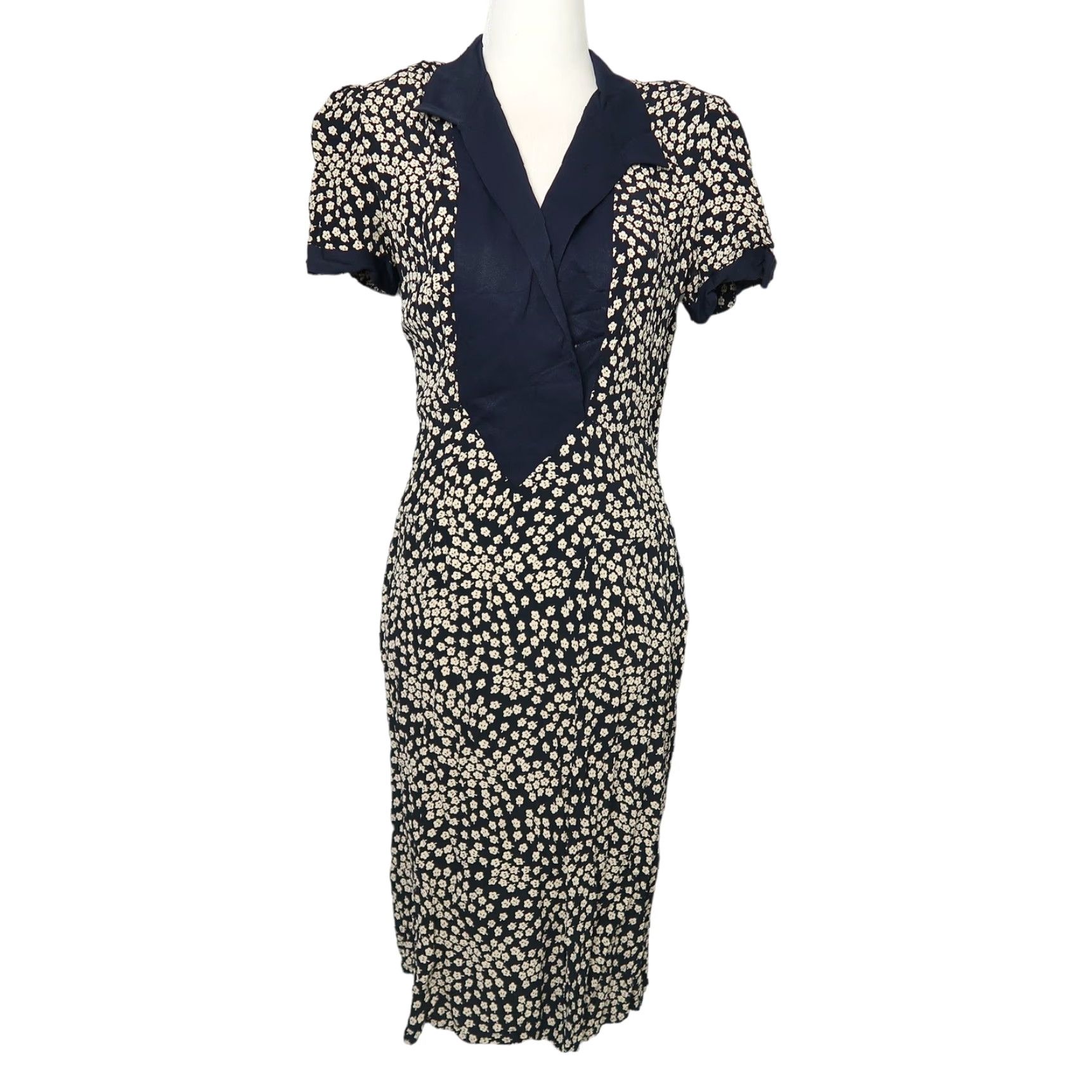 Vintage VINTAGE 90s shirt dress navy blue cream ditsy floral midi S Bohemian casual Size S / US 4 / IT 40 - 2 Thumbnail