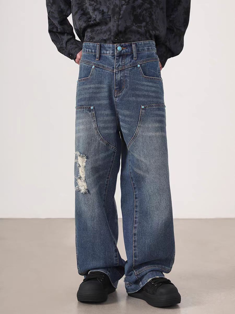 Washed vintage loose fit ripped work jeans