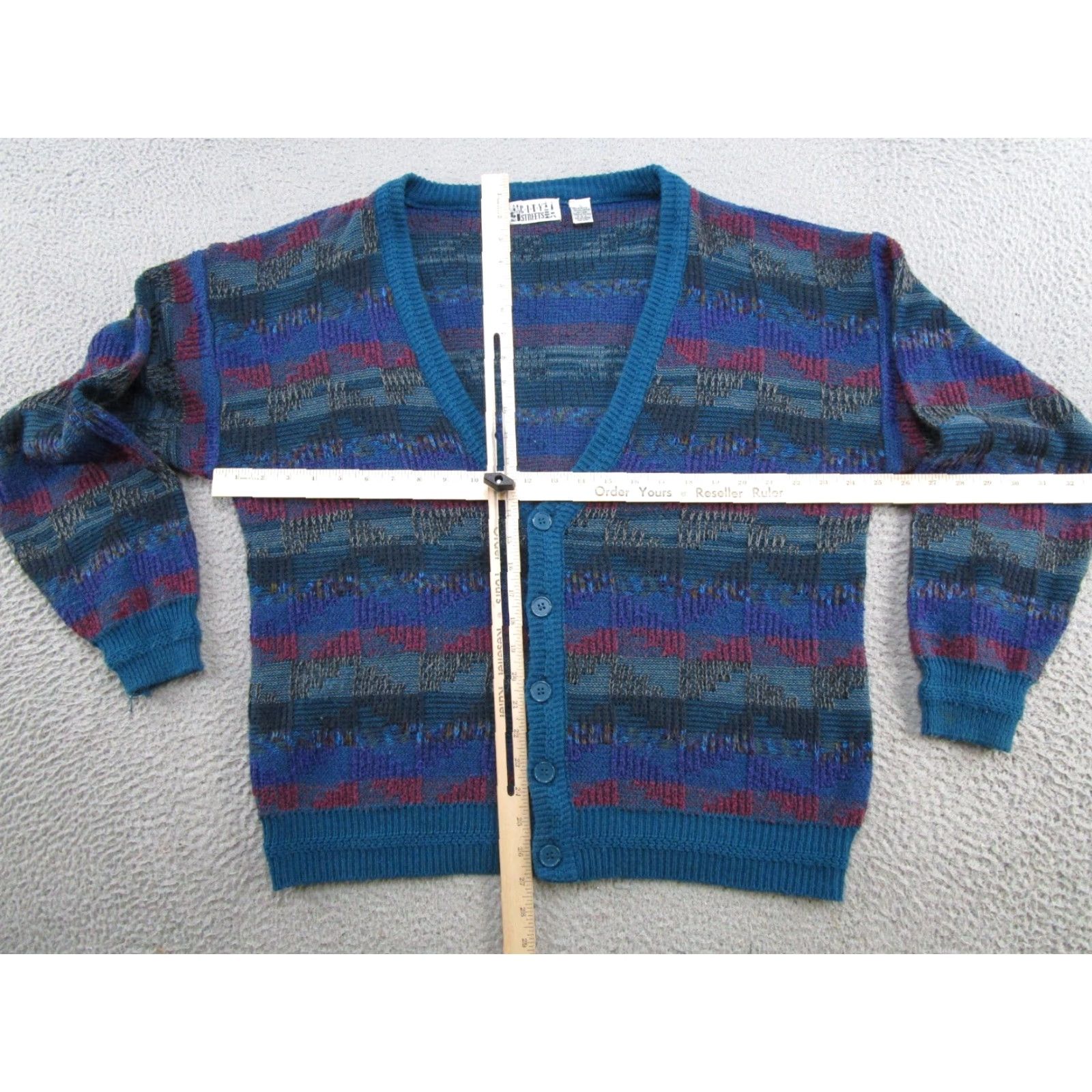 Vintage VINTAGE City Streets Sweater Cardigan Mens L 90s Beige Geometric Button V-Neck Knit Knitwear Regular Mens? Size US L / EU 52-54 / 3 - 3 Thumbnail