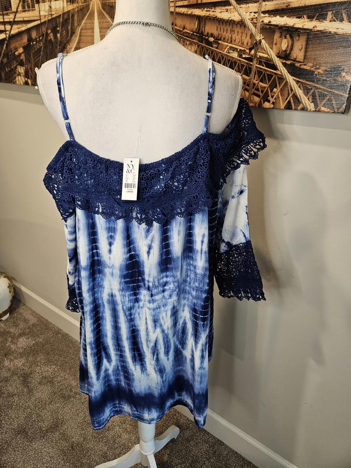 Designer Nwt NYC Navy Tie-Dye Off-Shoulder Coverup with Crochet Trim Size ONE SIZE - 4 Thumbnail