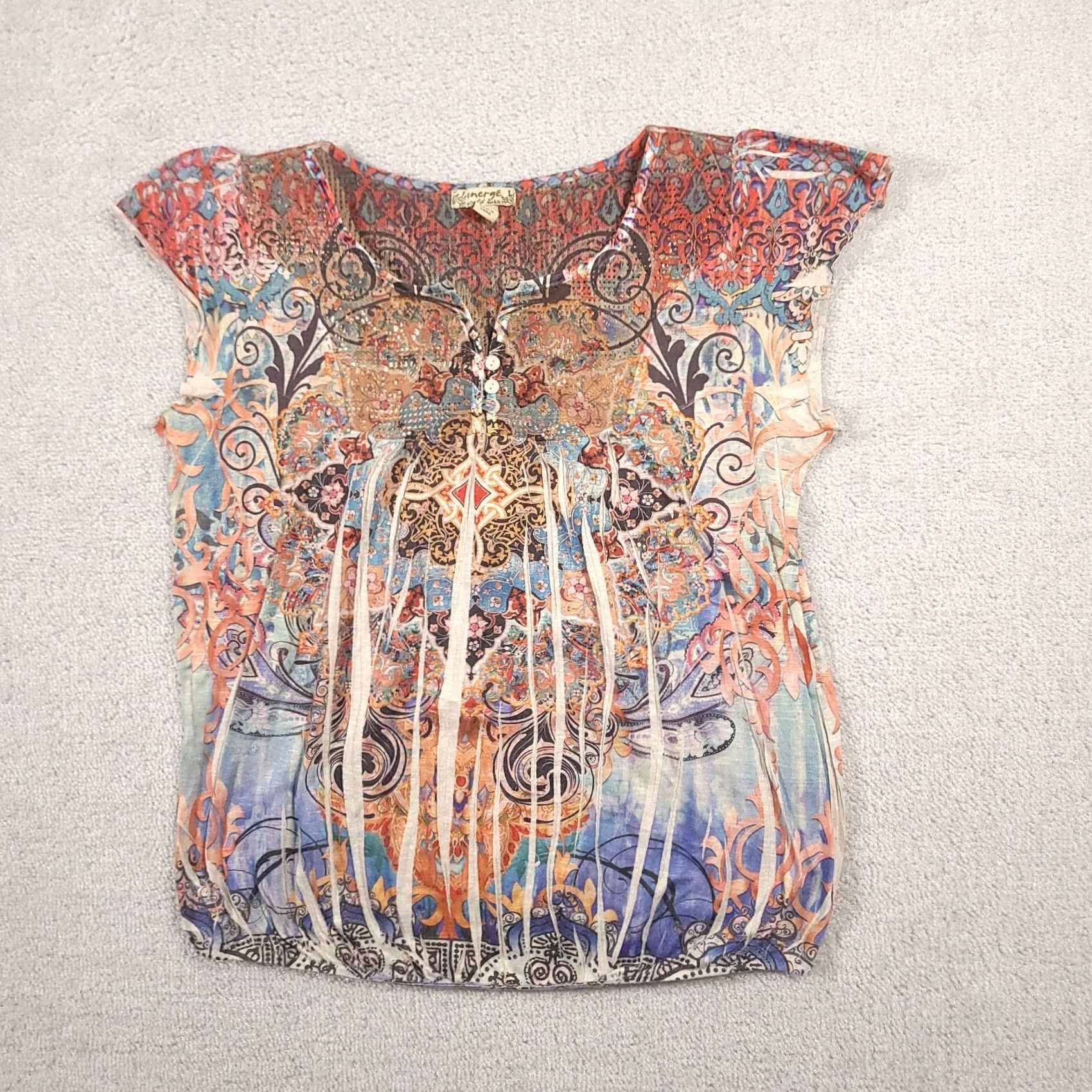 Vintage Energe World Wear Shirt Women's Large Floral Boho Henley Short Sleeve Shirt Size L / US 10 / IT 46 - 2 Thumbnail